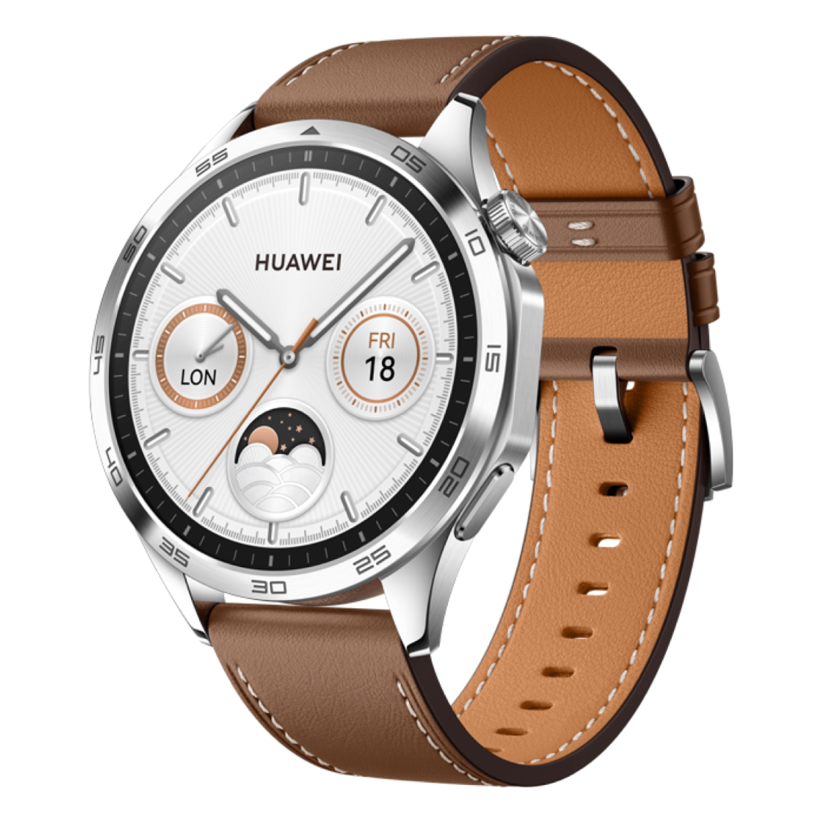 Smartwatch Huawei plateado y marrón con correa de cuero. La esfera muestra la hora.