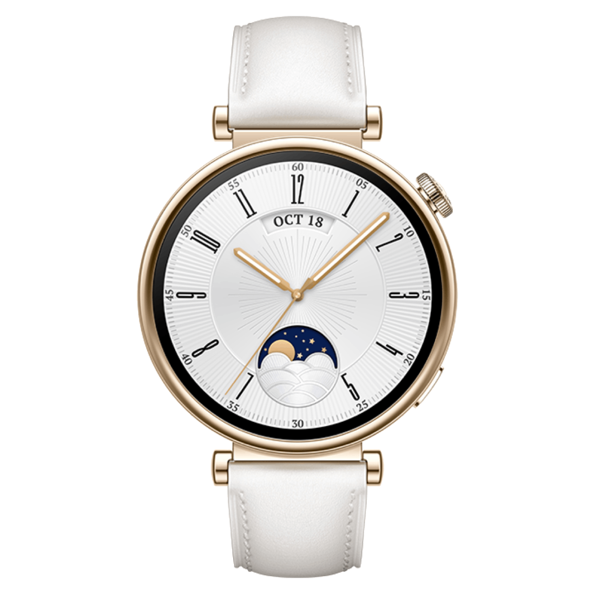 Smartwatch dorada con correa blanca, mostrando el 18 de octubre y la fase lunar.