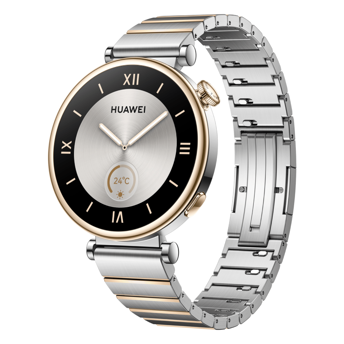 Un smartwatch Huawei con esfera plateada, bisel negro y una correa de metal de dos tonos.