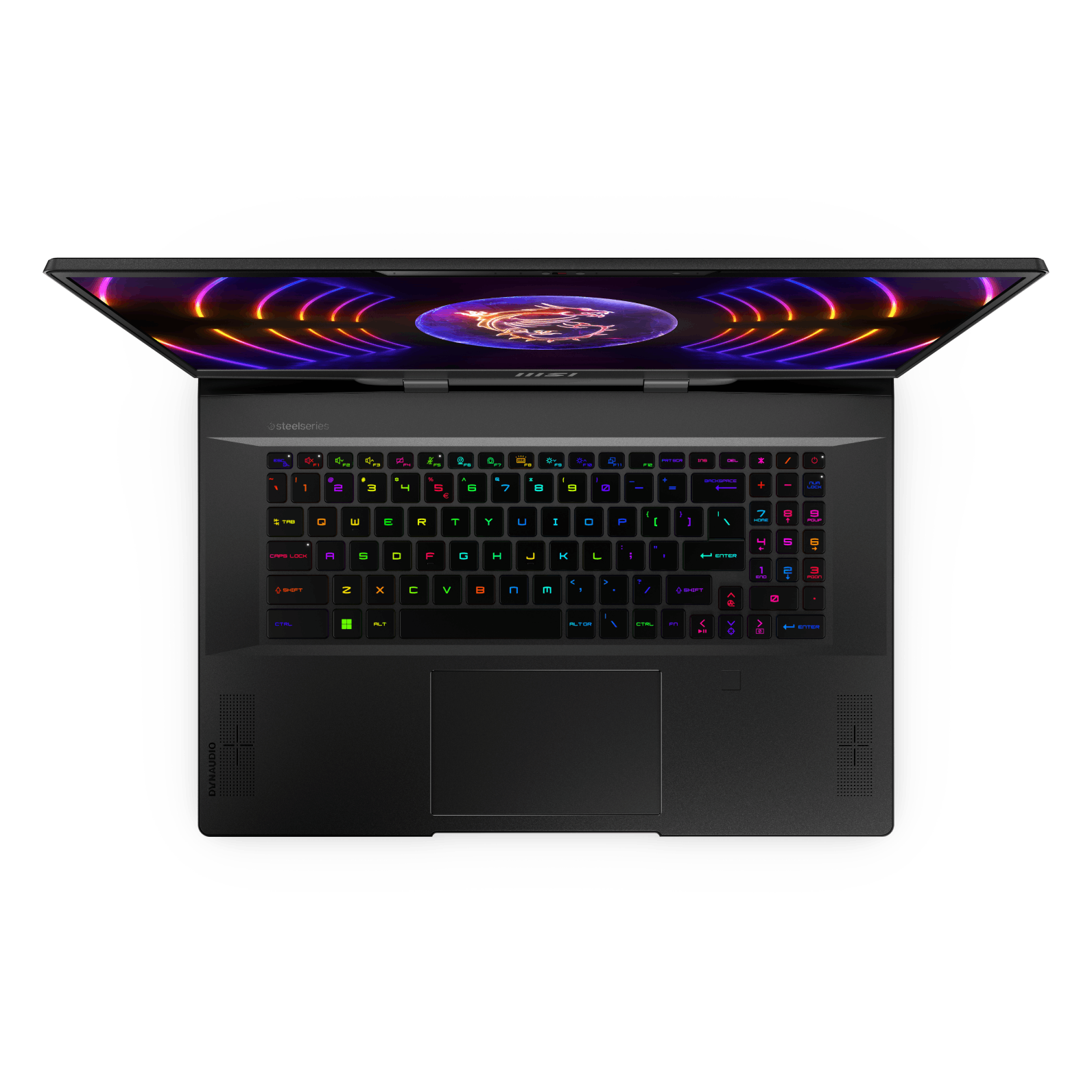 Portátil negro con teclado retroiluminado, abierto sobre una superficie blanca, mostrando la pantalla.