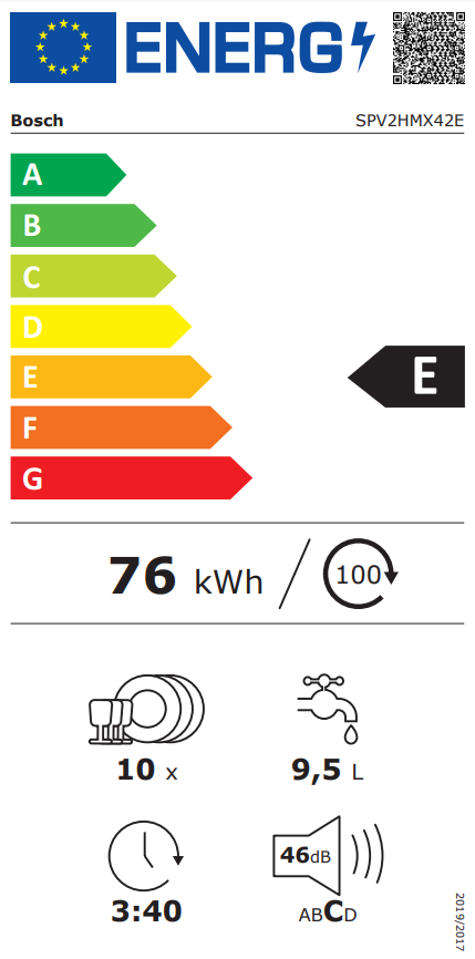 Energia címke egy Bosch mosogatógéphez, amely az energiafogyasztást és egyéb részleteket mutatja.