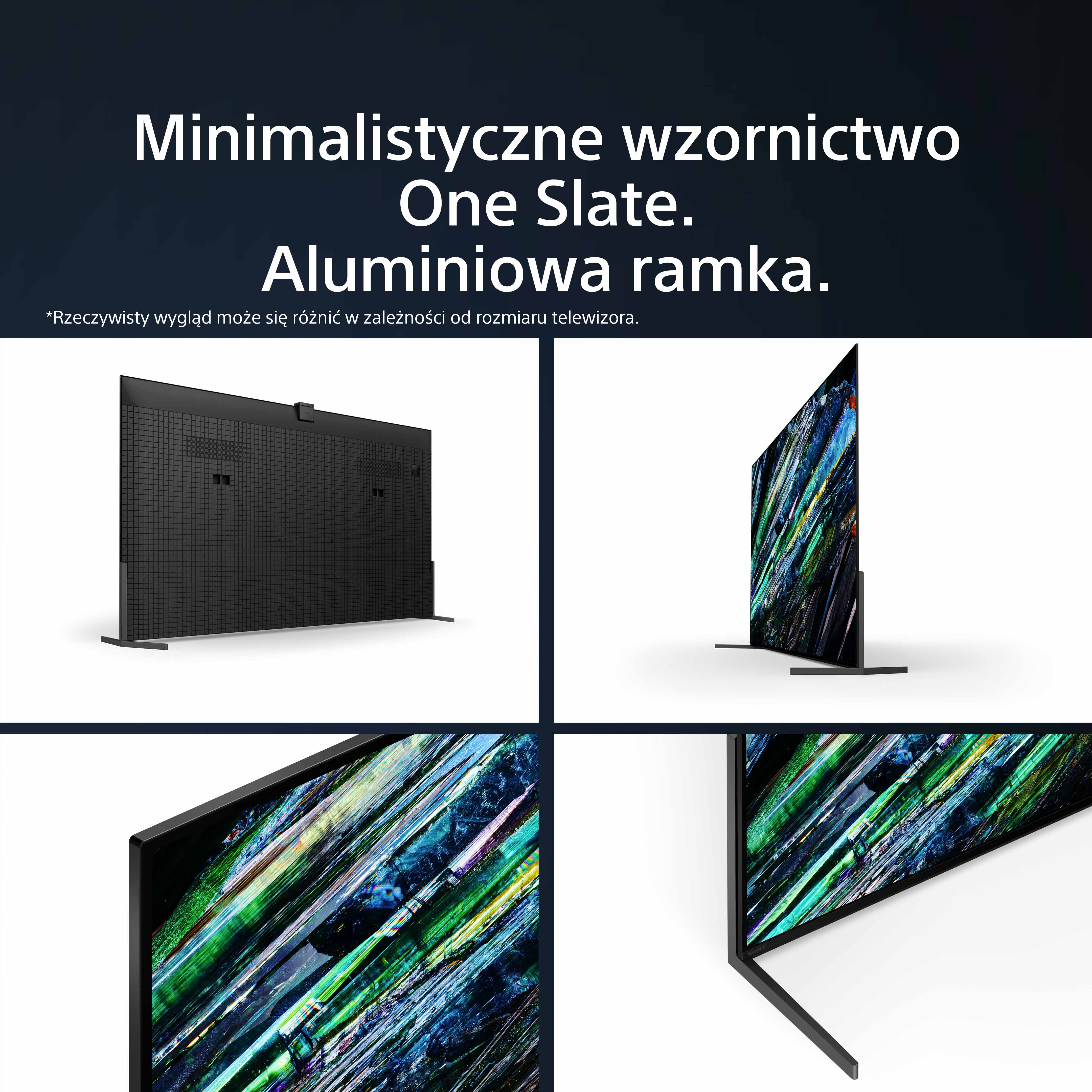 Telewizor z tekstem, minimalistyczny design, One Slate, aluminiowa ramka. Pokazuje TV z różnych stron.