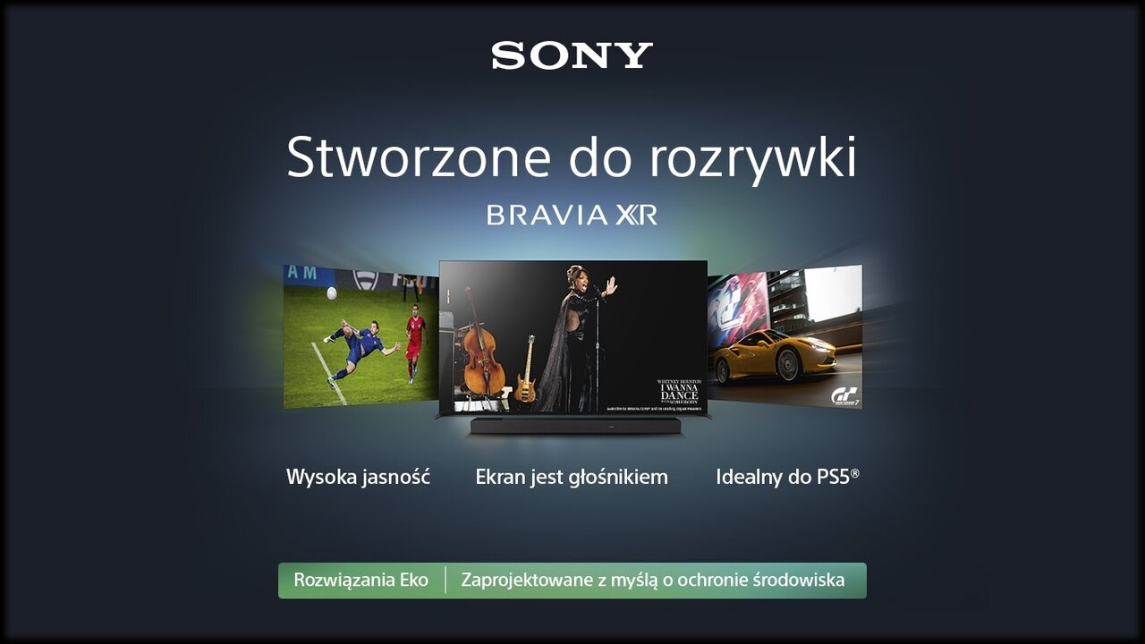 Reklama telewizora Sony Bravia pokazująca telewizor ze scenami sportu, występów i gier.