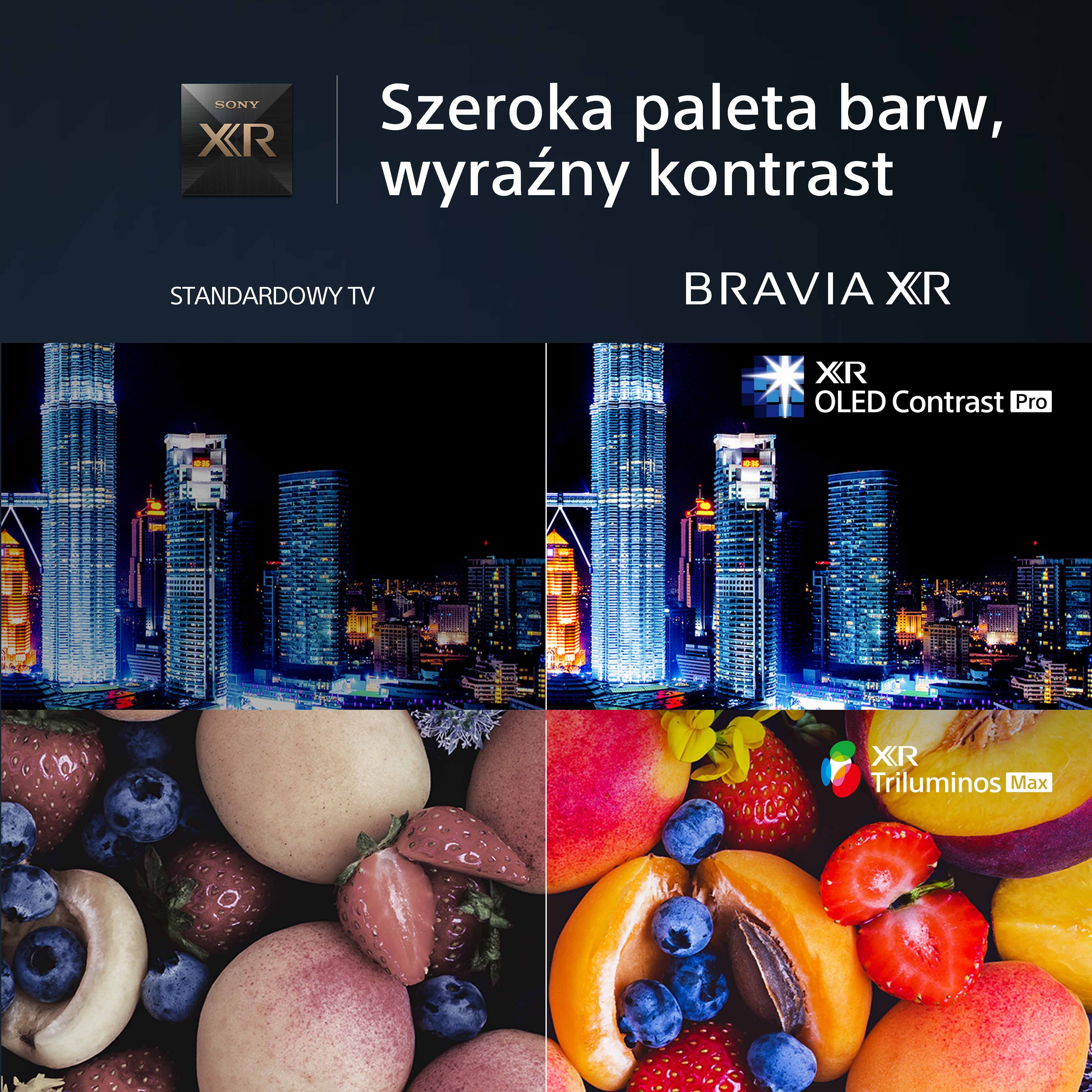 Obraz pokazujący porównanie ekranu telewizora Sony, z żywymi kolorami i kontrastem.