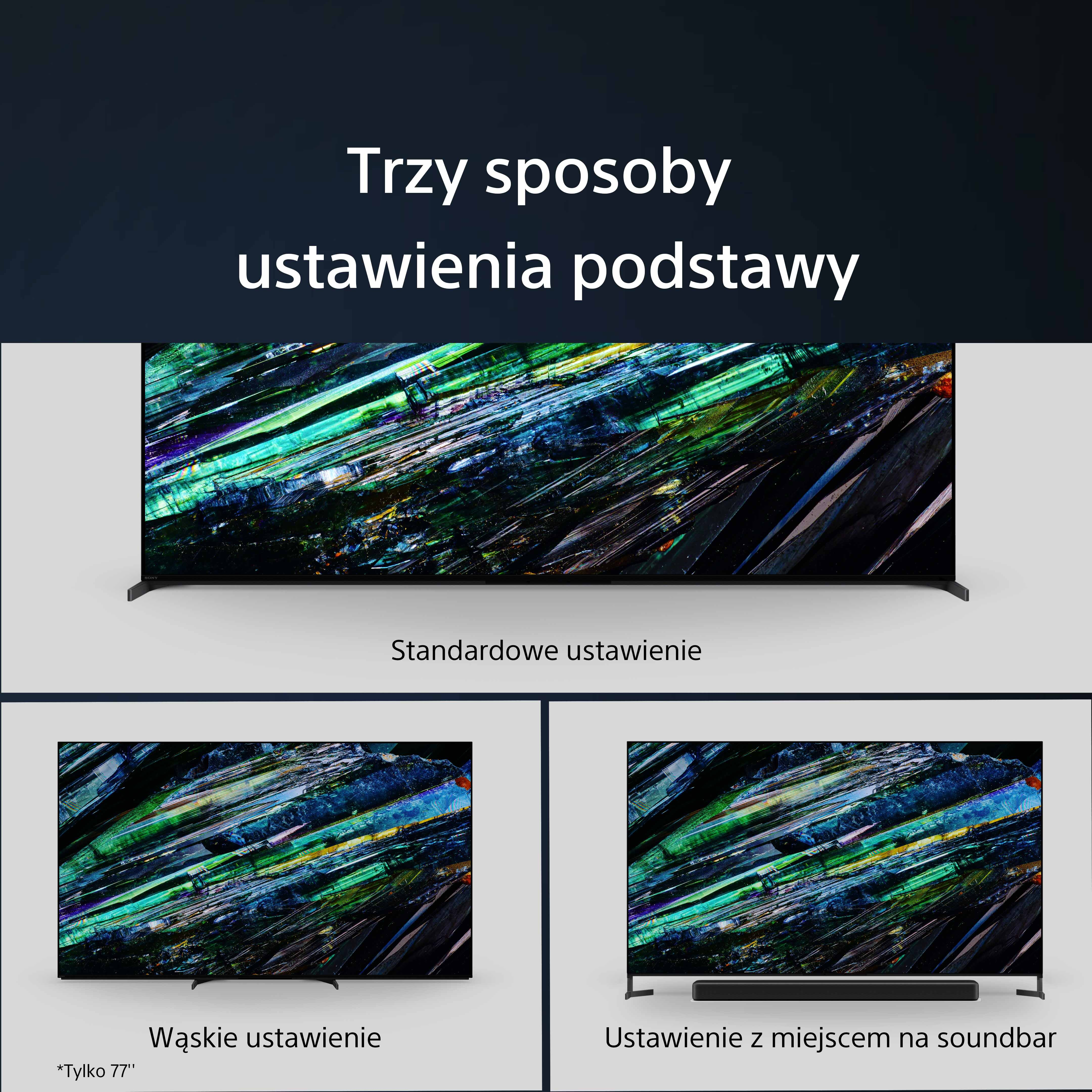 Trzy konfiguracje TV: standardowa, wąska i soundbar. Tekst po polsku.
