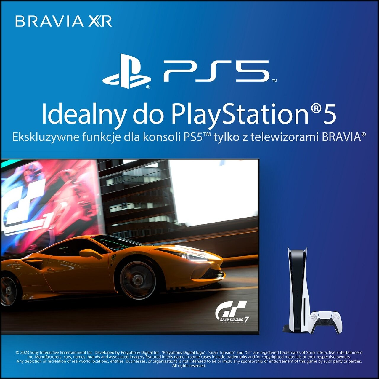 Obraz promocyjny dla PlayStation 5, z samochodem na torze i konsolą/kontrolerem.