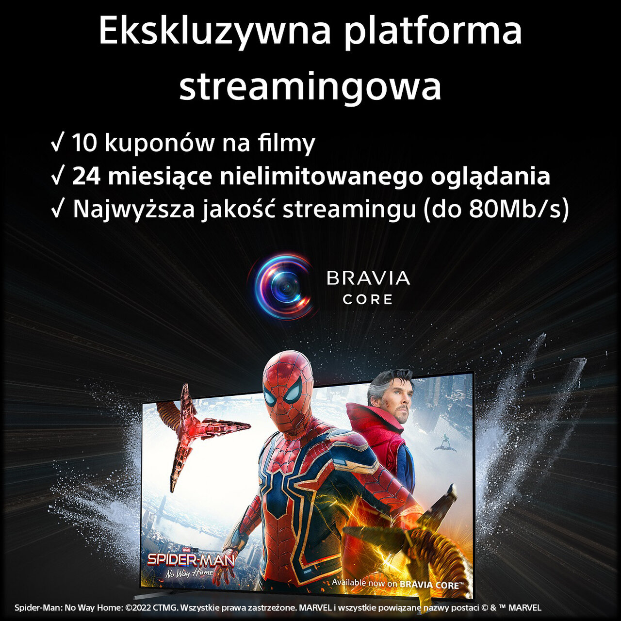 Obraz promocyjny z Spider-Manem, tekstem i logo Bravia Core.