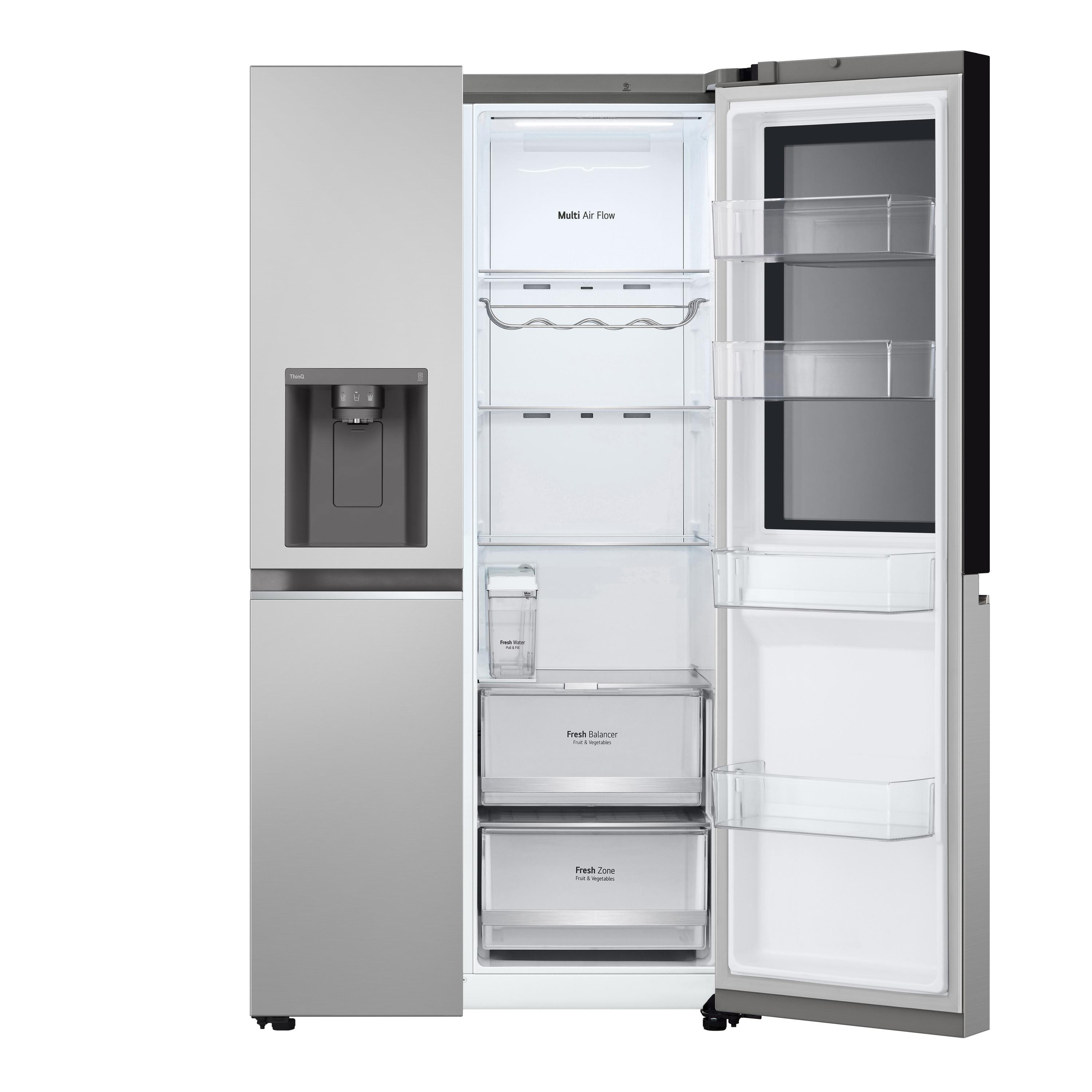 Offener LG-Kühlschrank, Innenansicht mit Regalen und Schubladen.