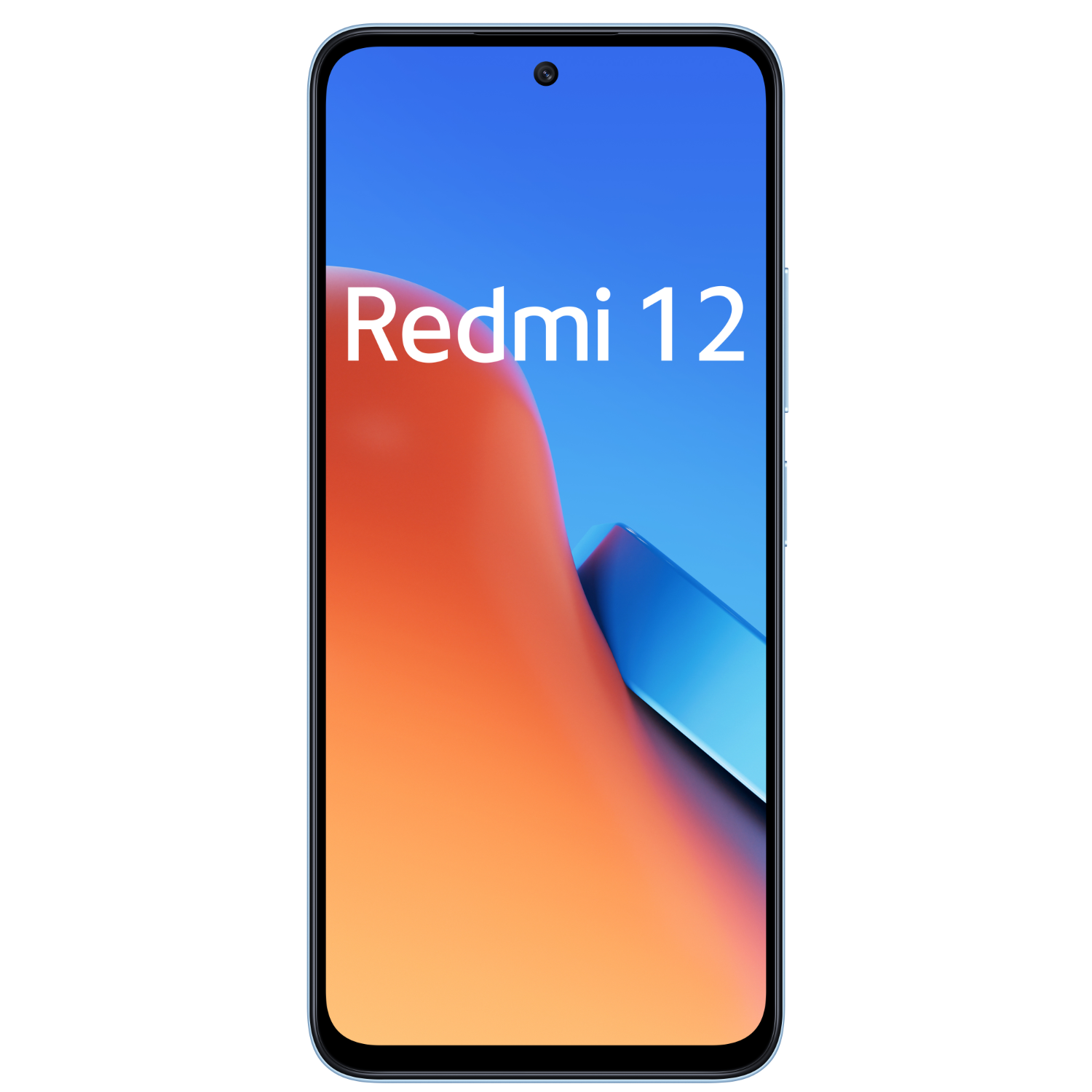Een blauwe smartphone met de tekst "Redmi 12" op het scherm. Oranje en blauwe achtergrond.