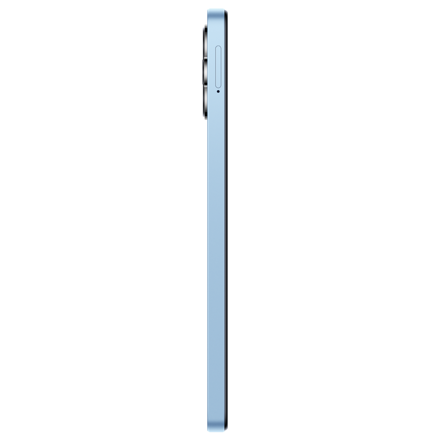 Zijaanzicht van een lichtblauwe smartphone met een zwarte achtergrond.