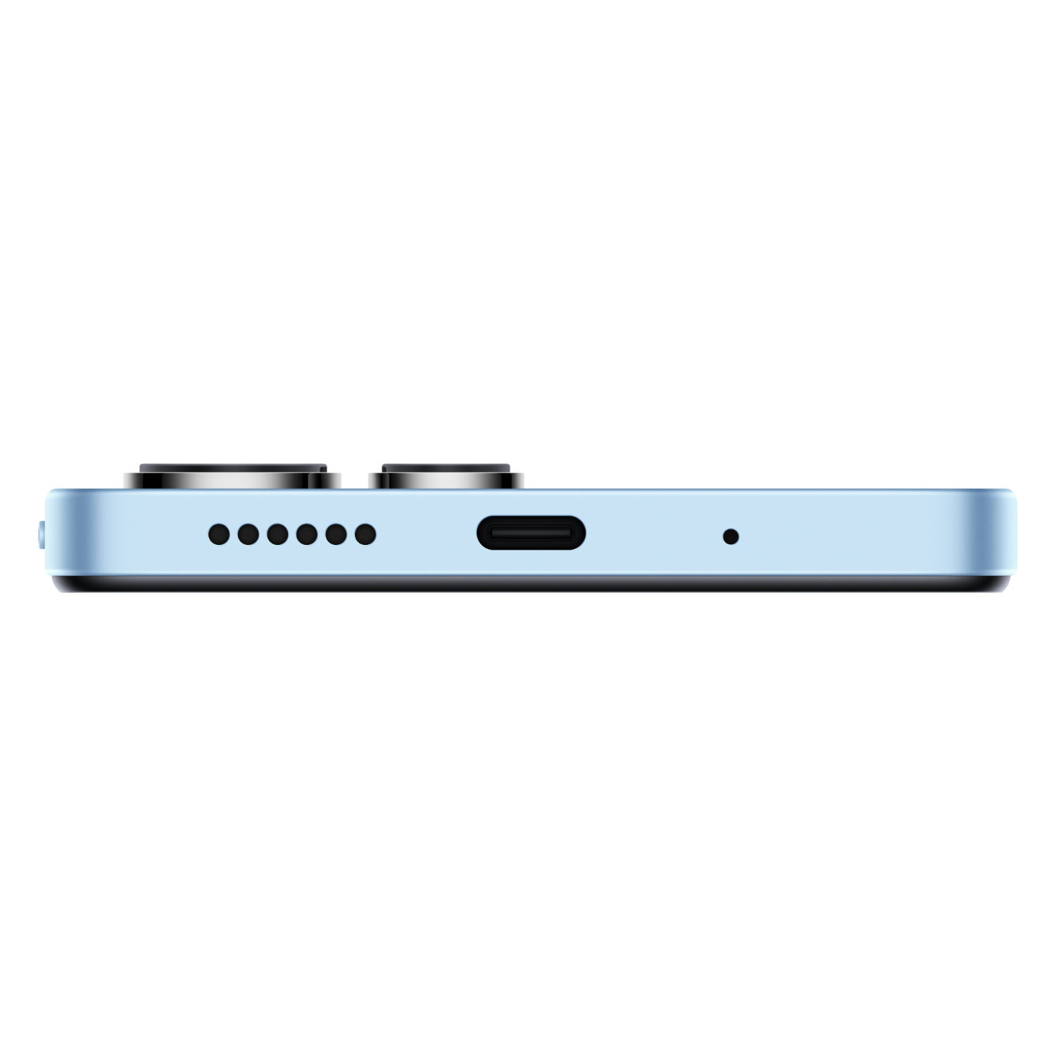 Zijaanzicht van een lichtblauwe smartphone met meerdere cameralenzen.
