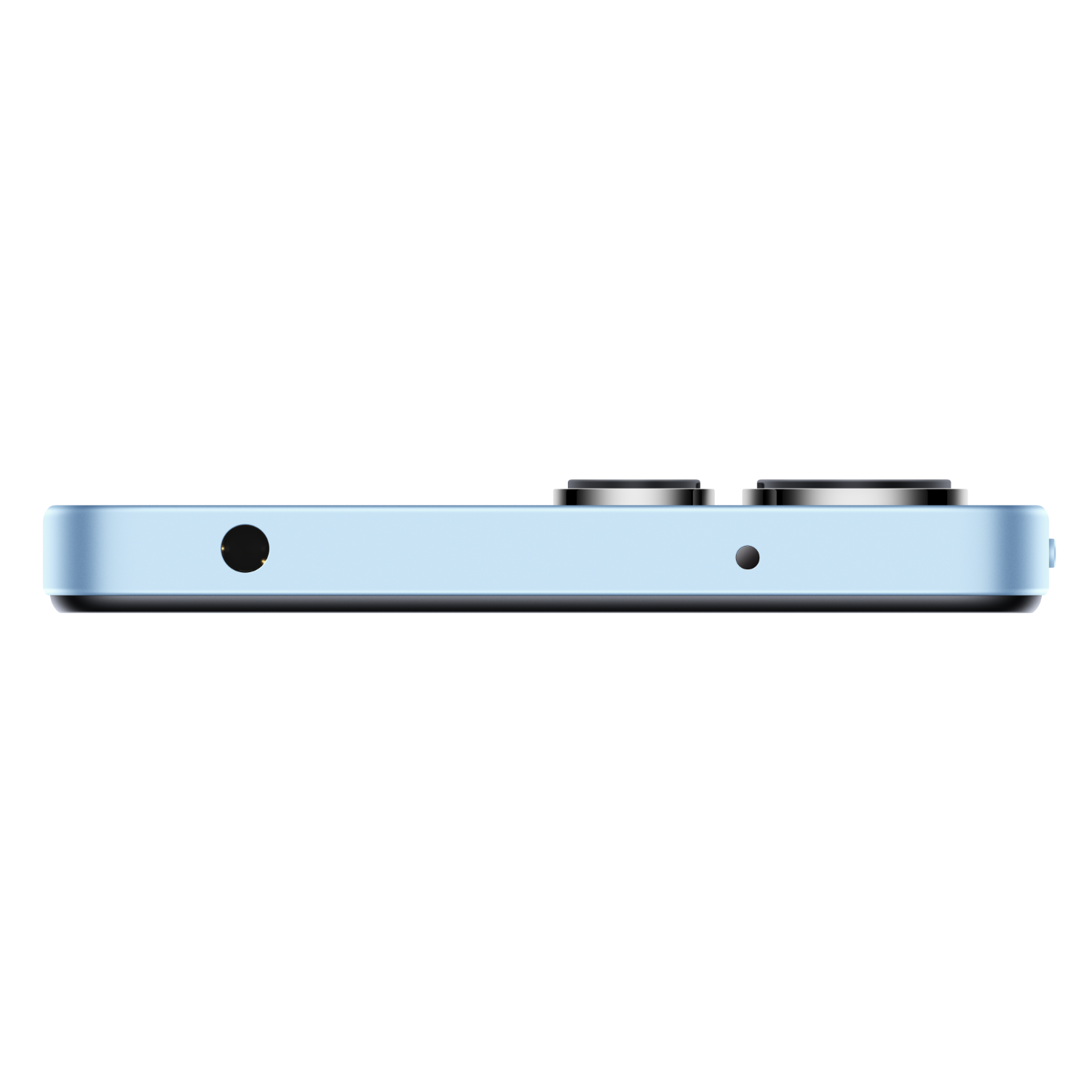 Een lichtblauwe telefoon met een koptelefoonaansluiting en twee knoppen aan de zijkant.