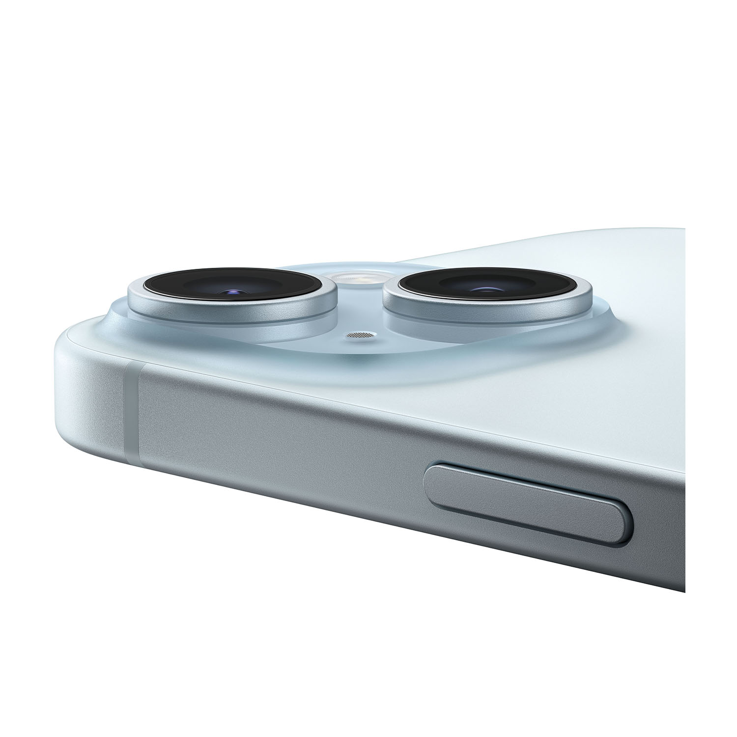 Primo piano del retro di un telefono, con due lenti della fotocamera e un pulsante laterale.