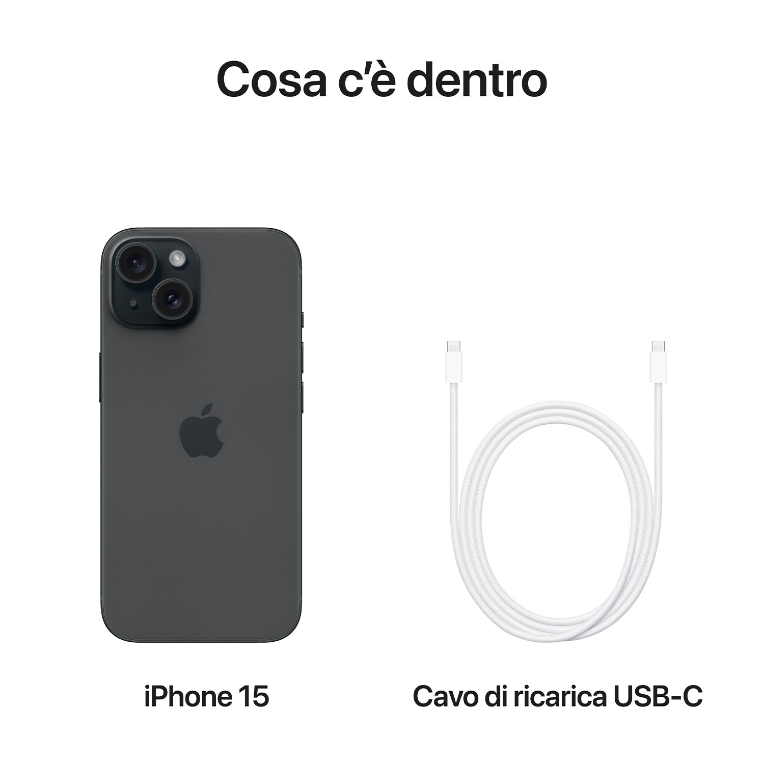 iPhone 15 e un cavo di ricarica USB-C bianco. Testo: iPhone 15, cavo di ricarica USB-C.