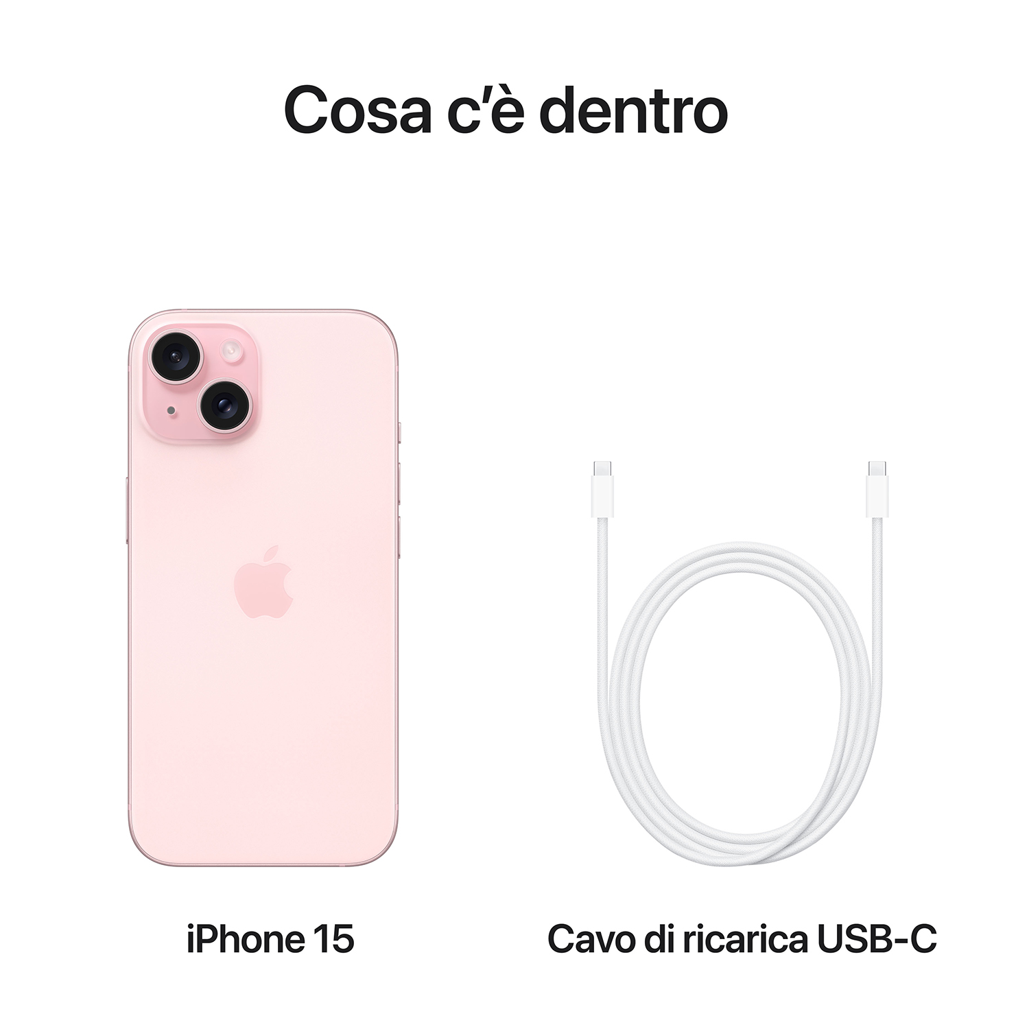 Un iPhone 15 e un cavo di ricarica USB-C sono esposti su sfondo bianco, l'iPhone in rosa.