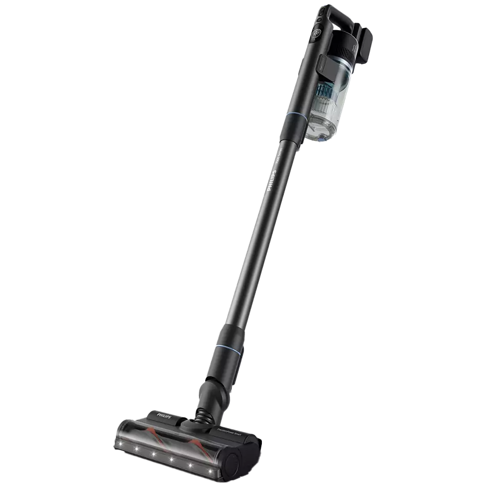 Fekete Philips akkus porszívó fekete háttéren, ferdén.