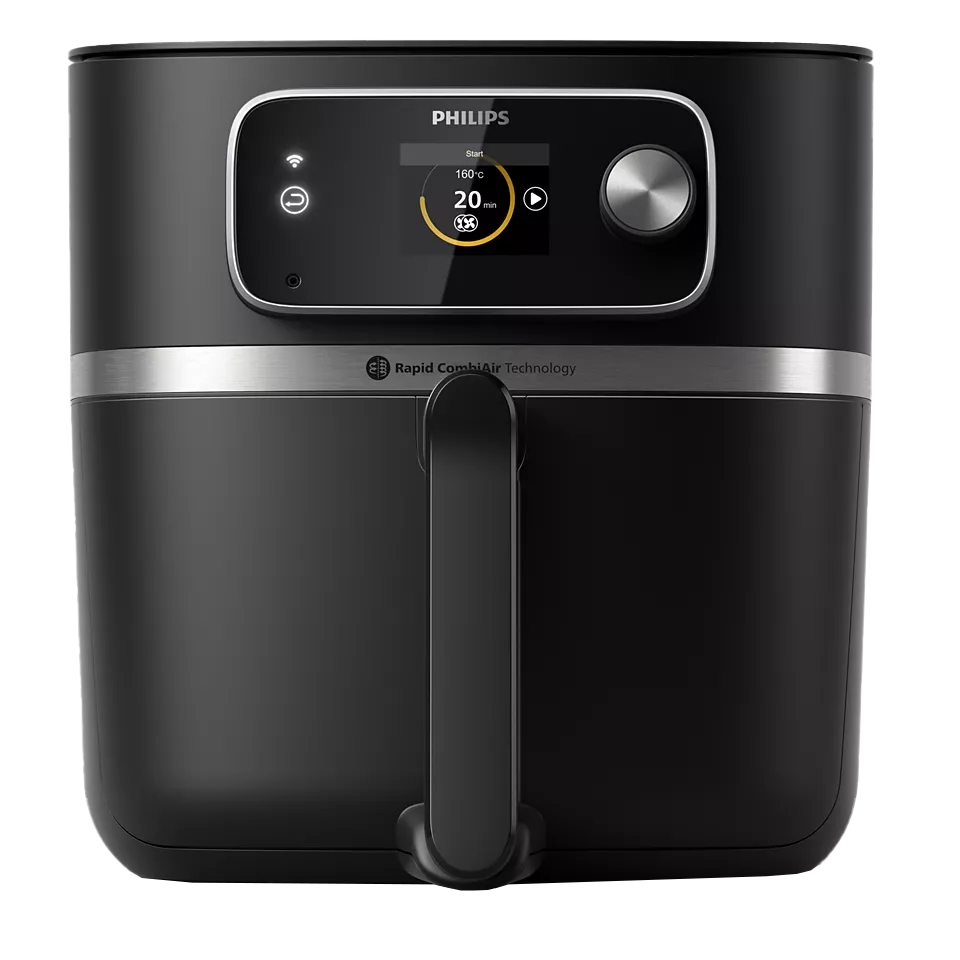 Fekete Philips Airfryer digitális kijelzővel. Elöl fogantyúval.