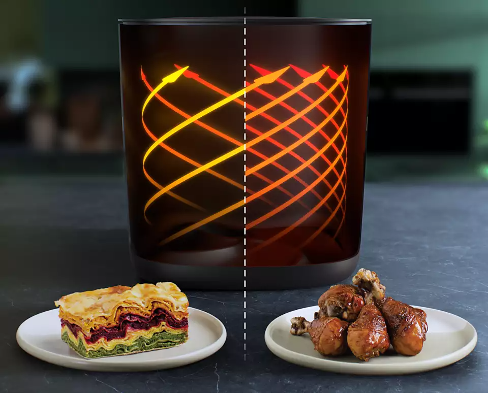 Egy készülék fele ételekkel: lasagne és csirkecomb. Animált energiaáramlás.
