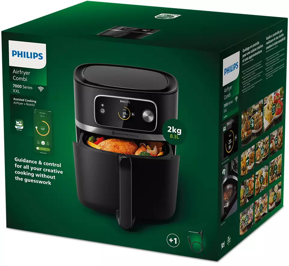 Fekete légkeveréses sütő dobozban étellel, szöveggel és Philips logóval.