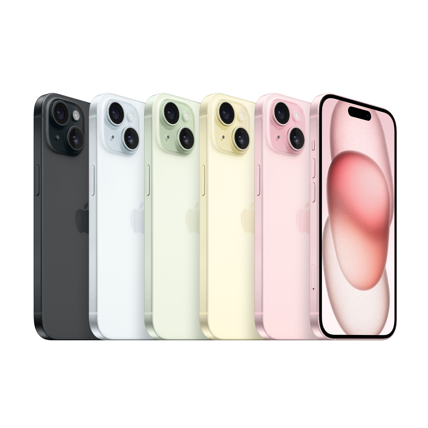 Sei smartphone colorati in fila, che mostrano il retro e uno schermo.