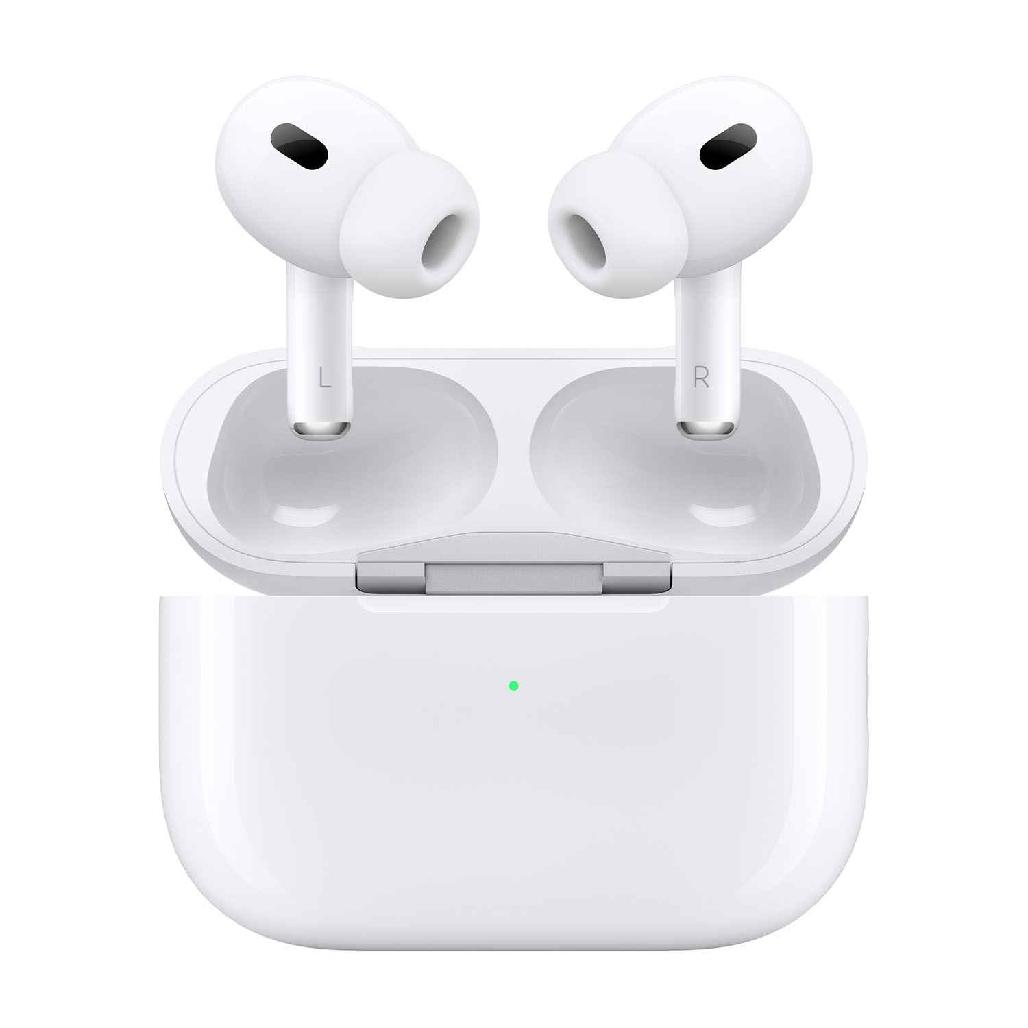 Cuffie AirPods Pro bianche di Apple nella loro custodia di ricarica.