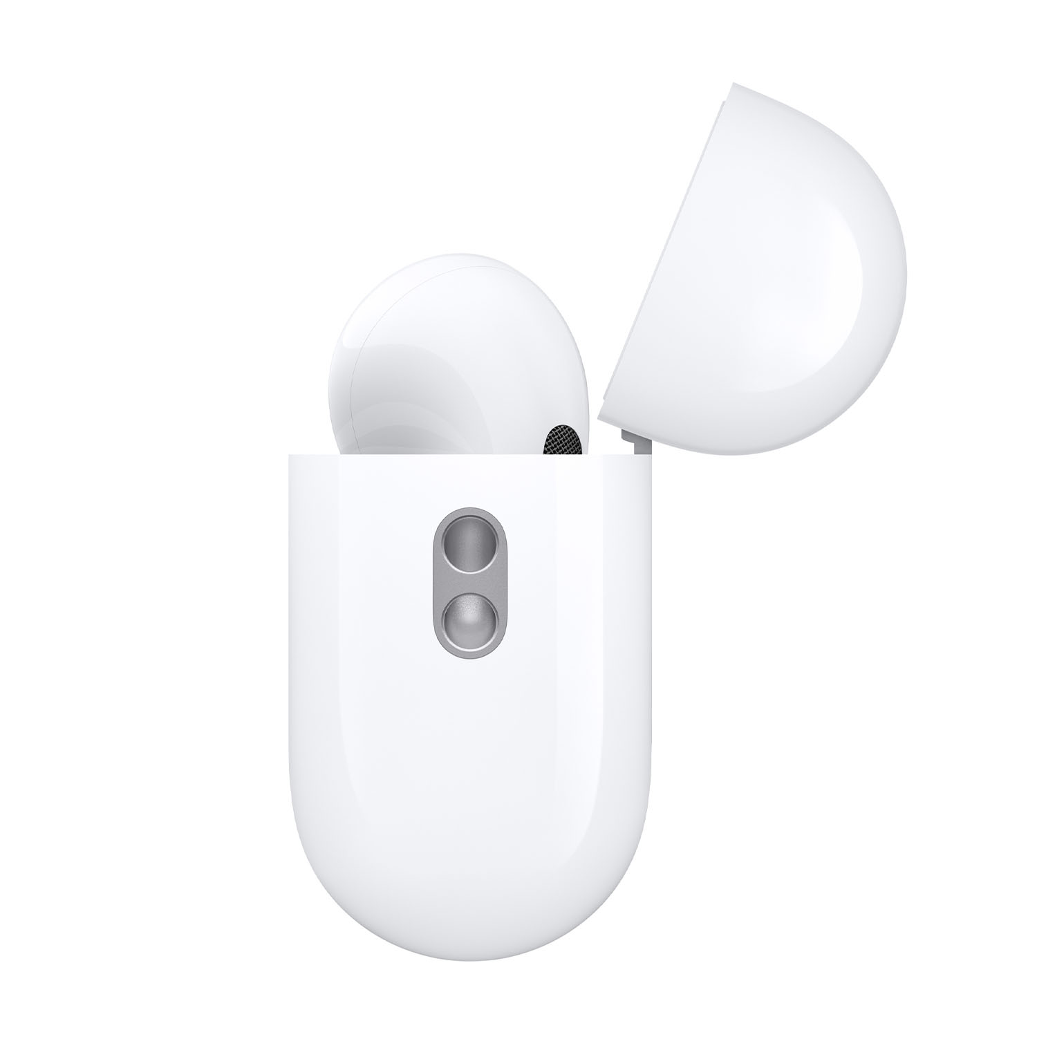 Custodia bianca AirPods Pro aperta, che rivela un auricolare all'interno.