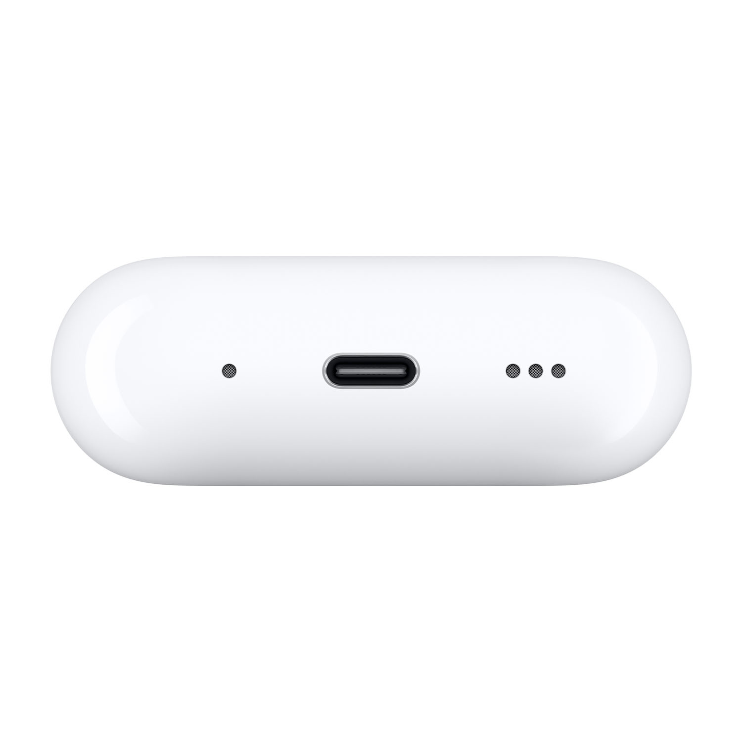 Vista inferiore della custodia di ricarica bianca, con porta USB-C e fori per altoparlanti.