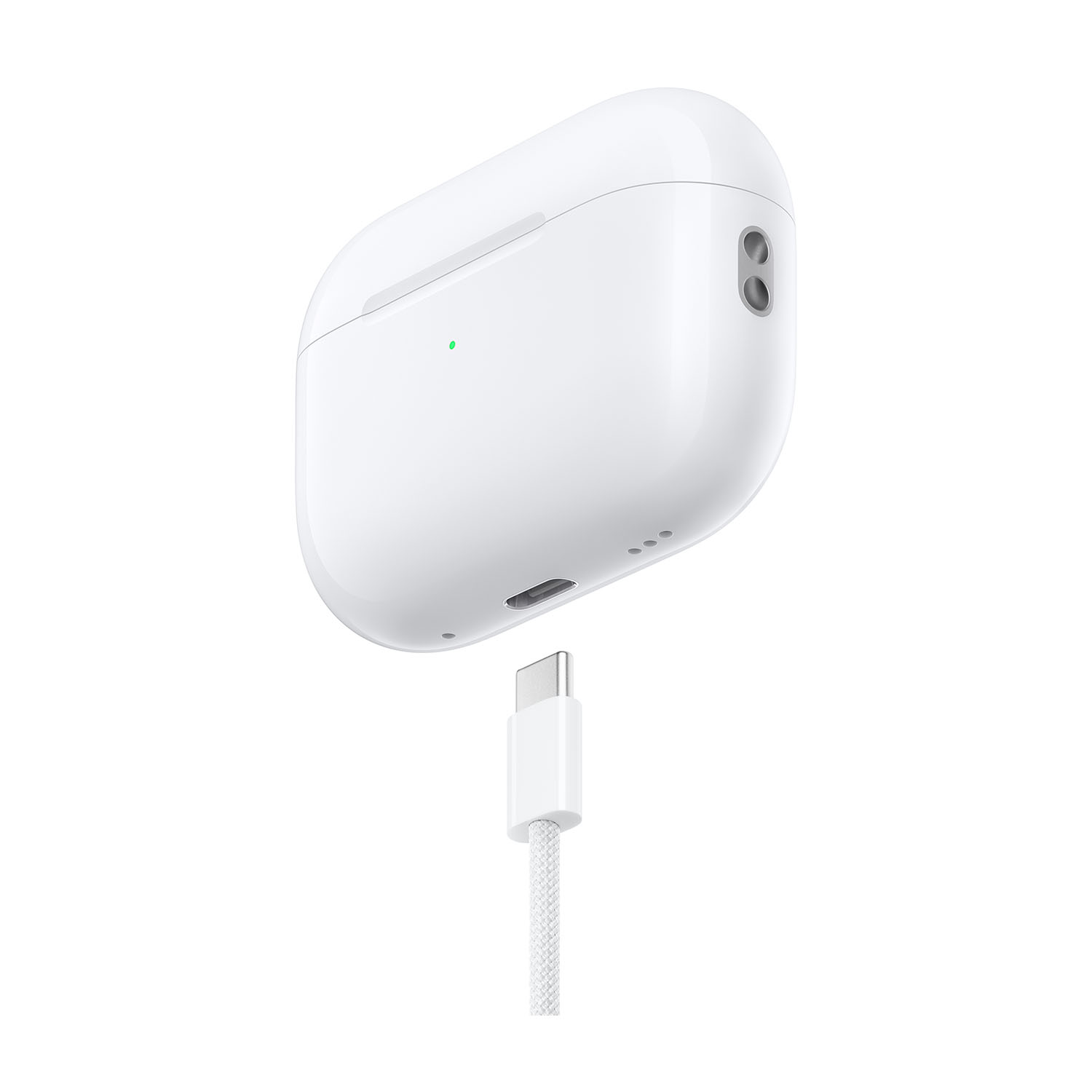 Custodia bianca AirPods Pro con cavo di ricarica collegato. La custodia è aperta e ha una luce verde.