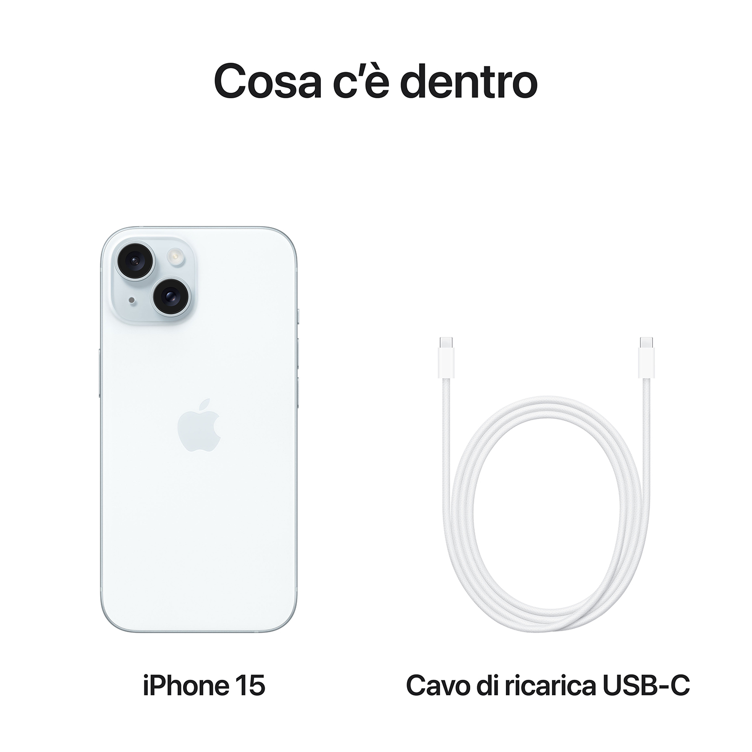 Un iPhone 15 e un cavo di ricarica USB-C. Il telefono è bianco e anche il cavo è bianco.