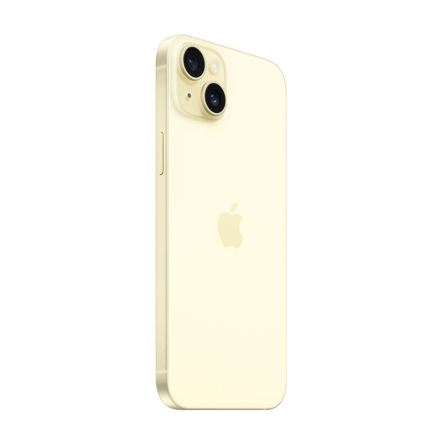 Un iPhone 14 giallo con configurazione a doppia fotocamera, isolato su bianco.