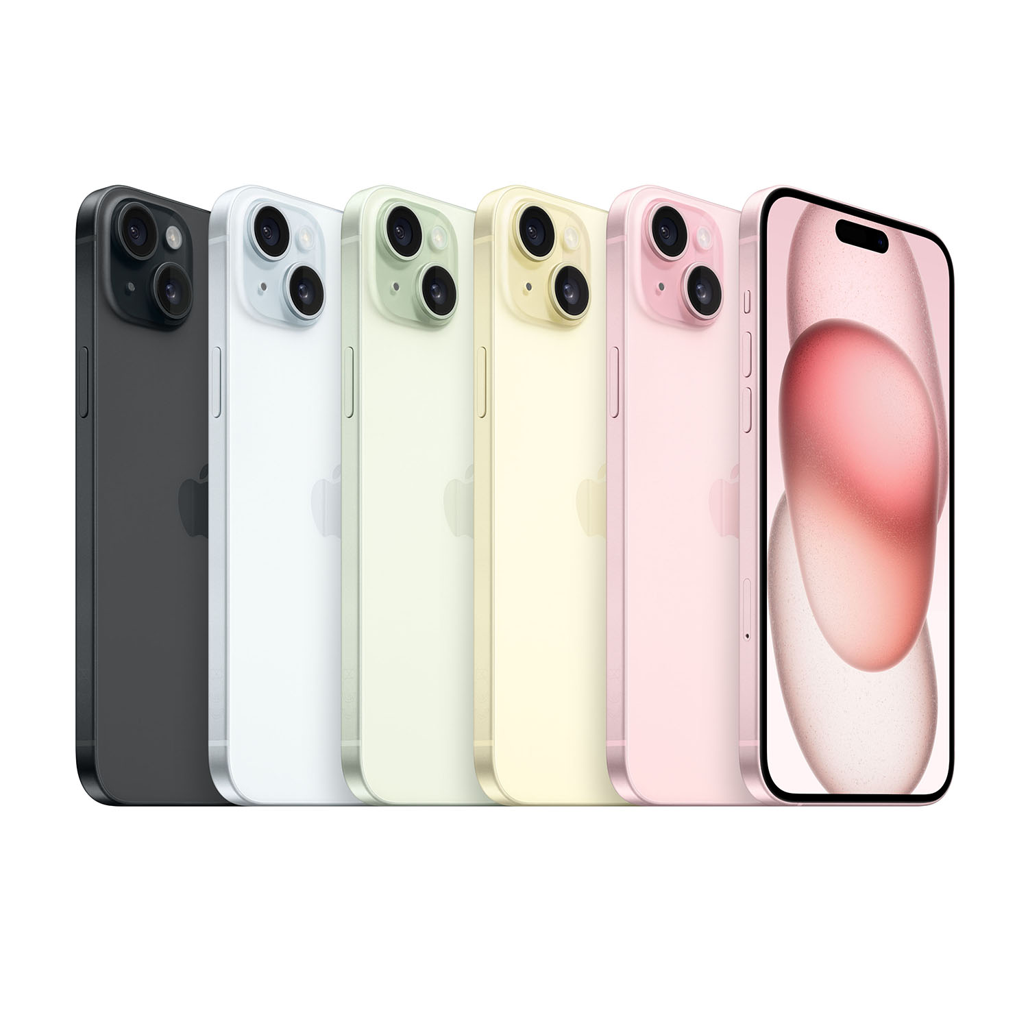 Cinque iPhone di diversi colori: nero, bianco, verde chiaro, giallo e rosa, allineati uno accanto all'altro.