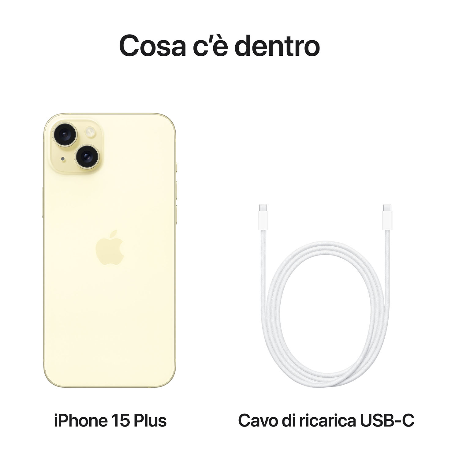 Un iPhone 15 Plus giallo chiaro e un cavo USB-C bianco su sfondo bianco.