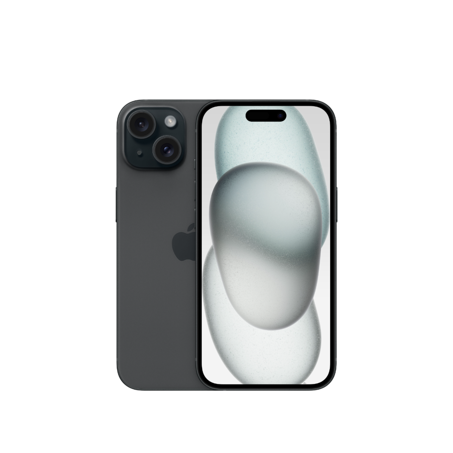 Een donkergrijze iPhone, die de achterkant en het scherm laat zien. Het scherm toont een vage abstracte afbeelding.