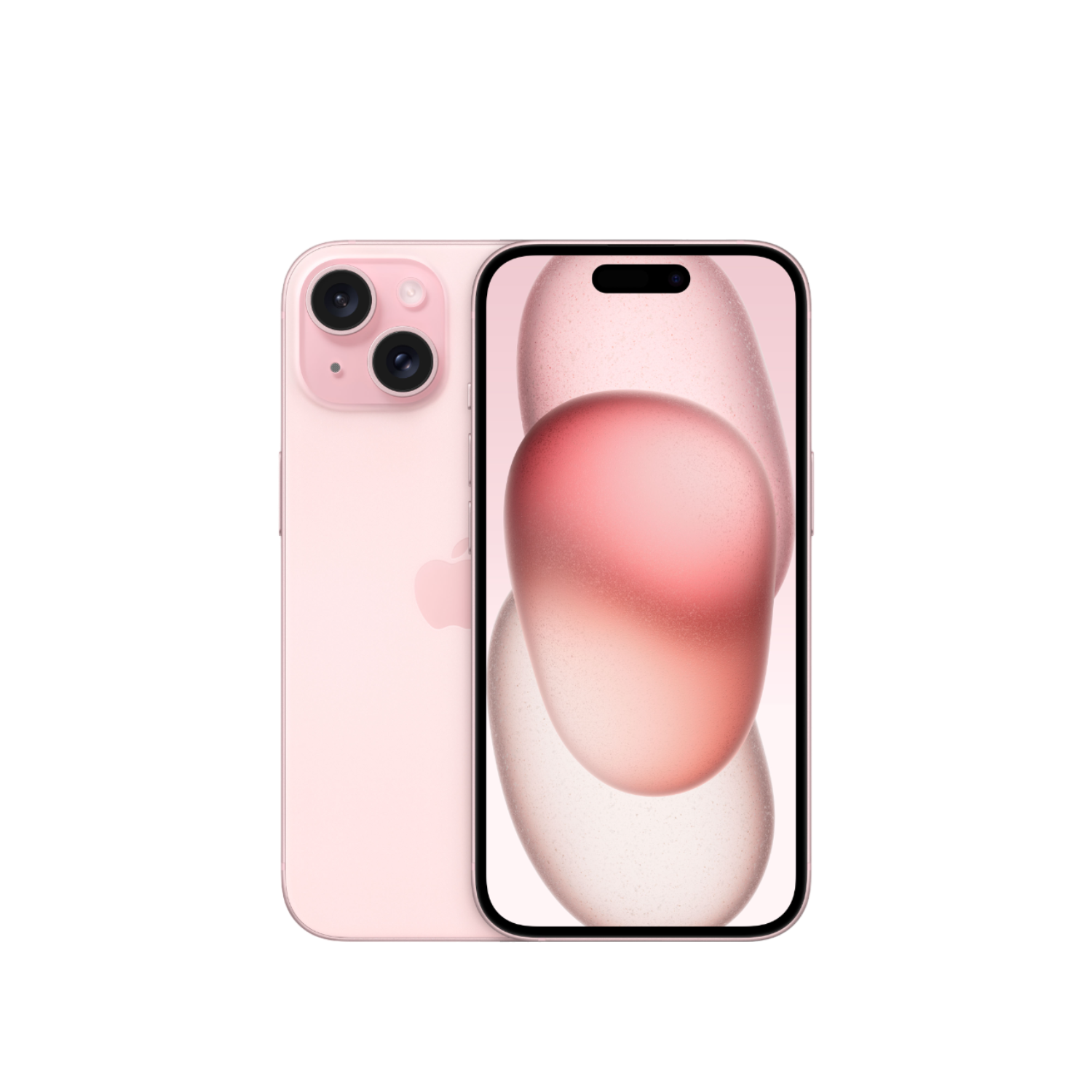 Roze iPhone met twee cameralenzen, Apple-logo en een scherm met abstracte vormen.