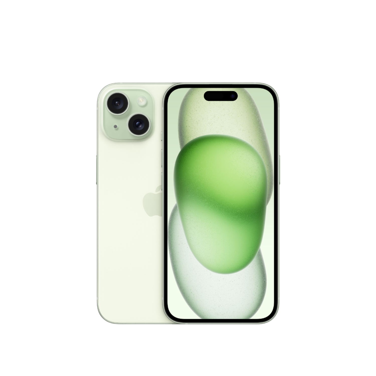 Apple iPhone 14 in groen, met achterkant en voorkant met een groene gradiënt display.