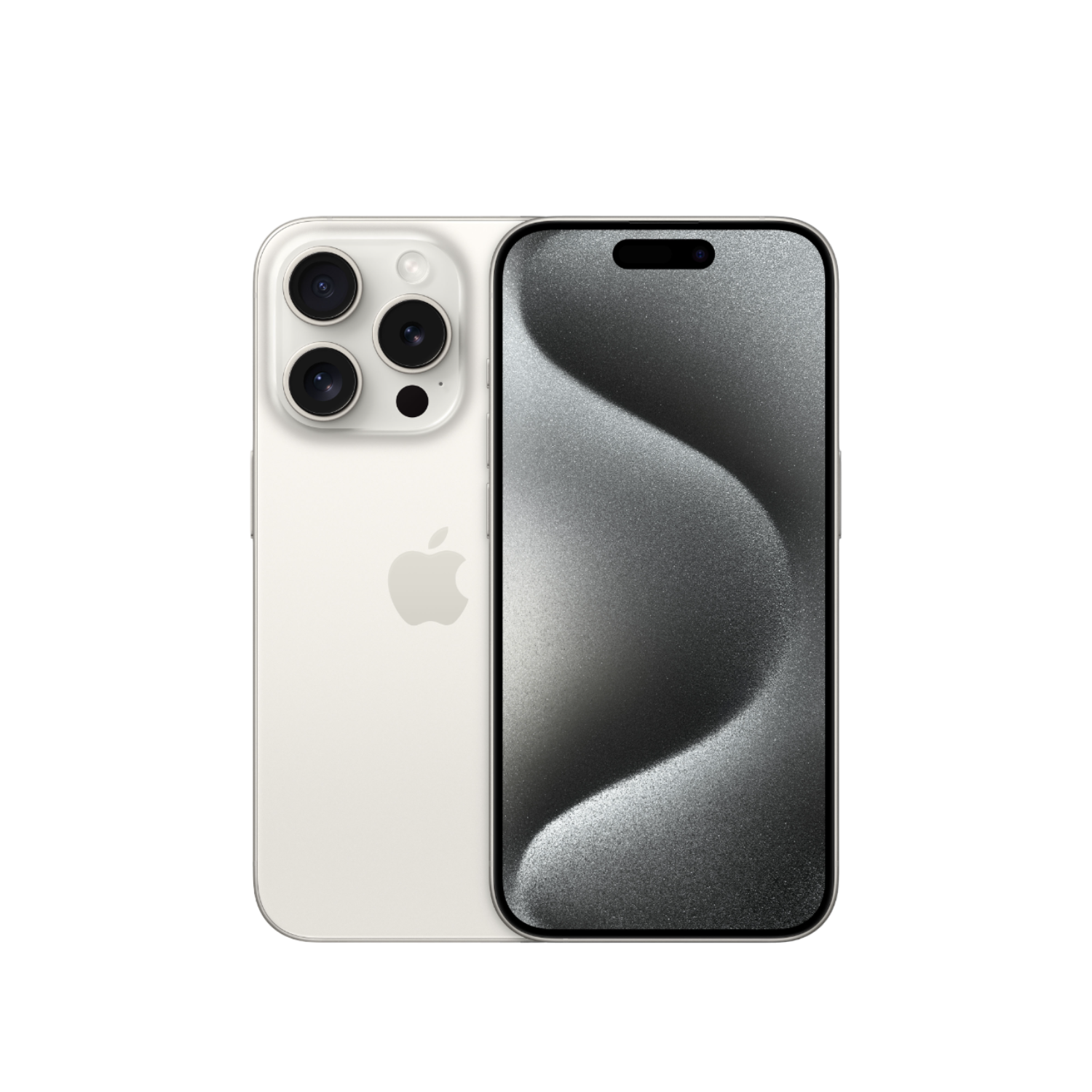 Een witte iPhone met een drievoudige lens camera, tegen een donkere achtergrond.