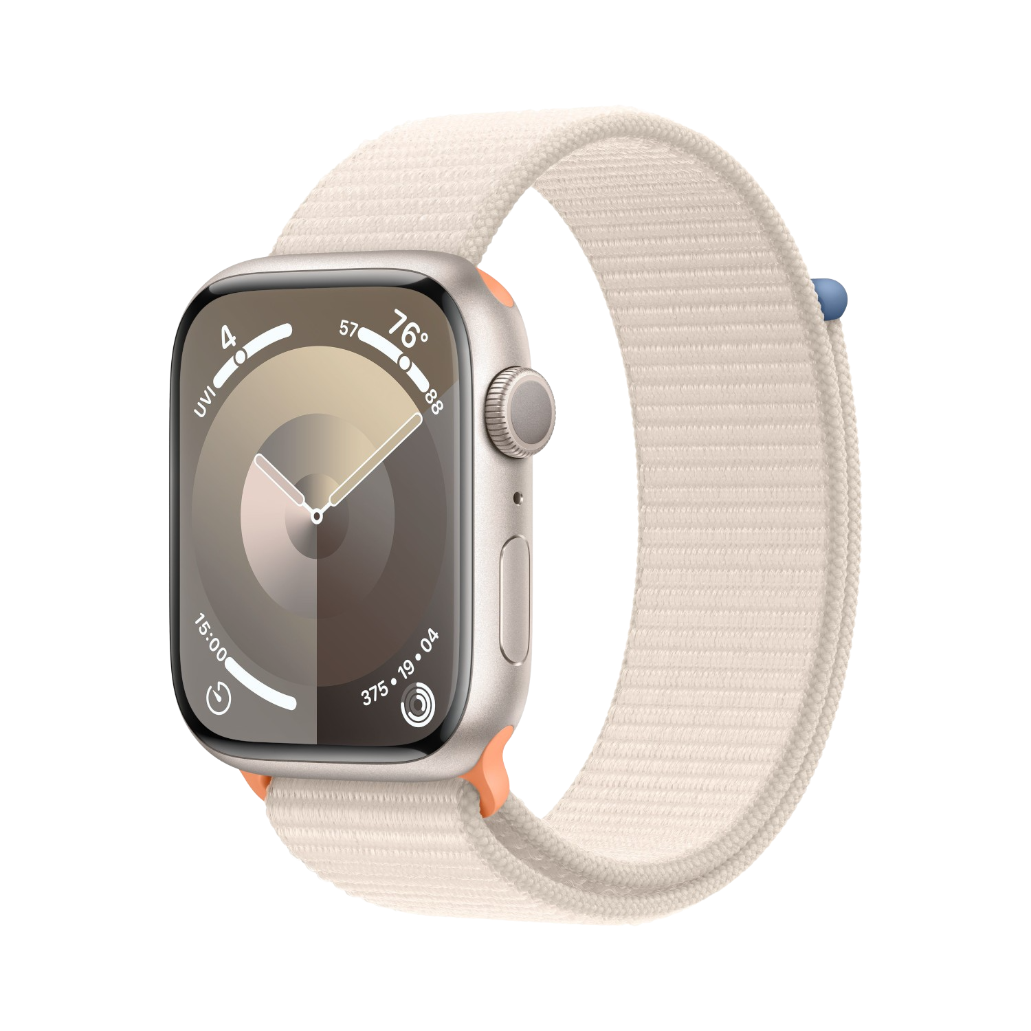 Apple Watch argentée avec bracelet crème et orange. Le cadran affiche l'heure et des données.