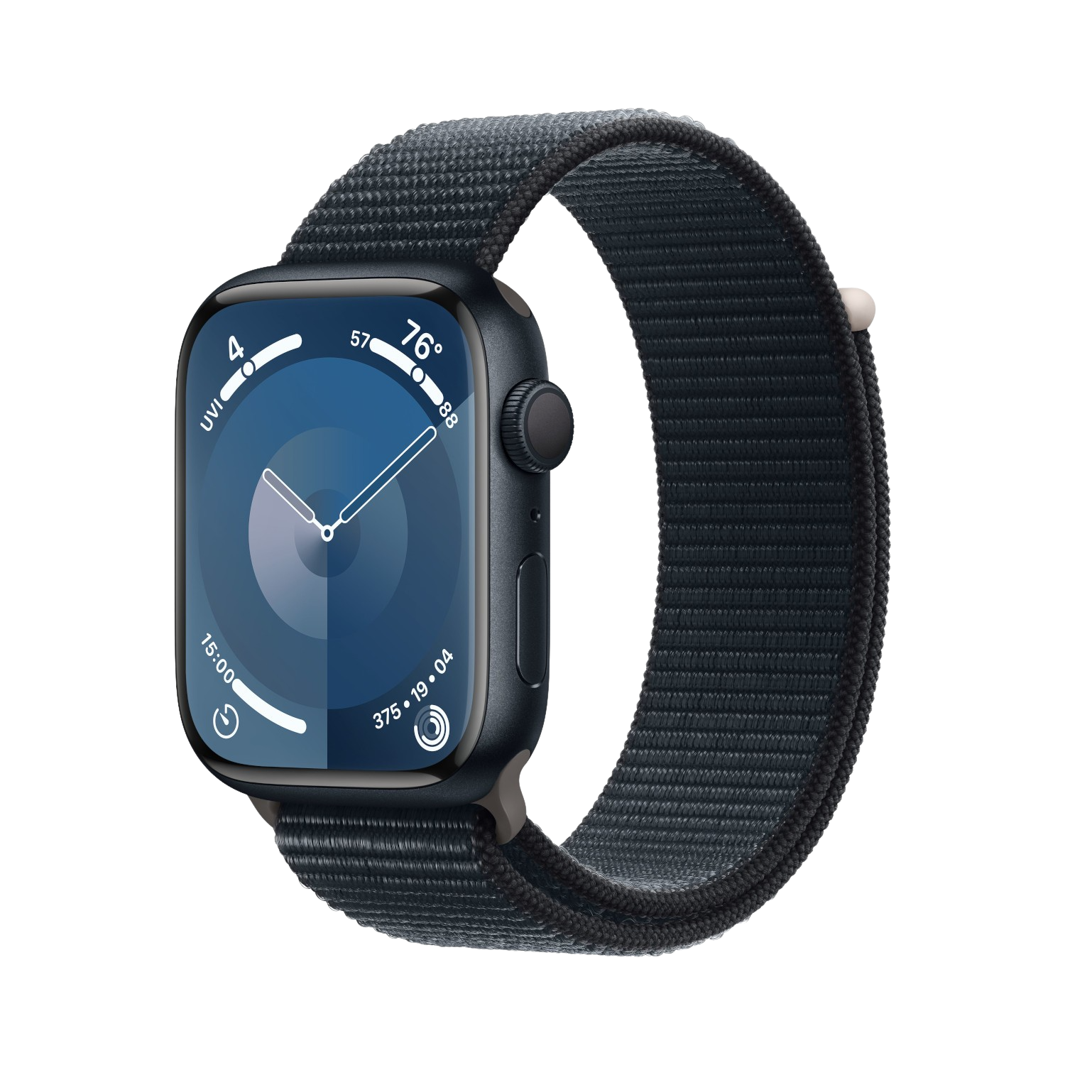 Apple Watch Series 9 met een donkerblauwe sport loop. De wijzerplaat toont informatie, de band is bevestigd.
