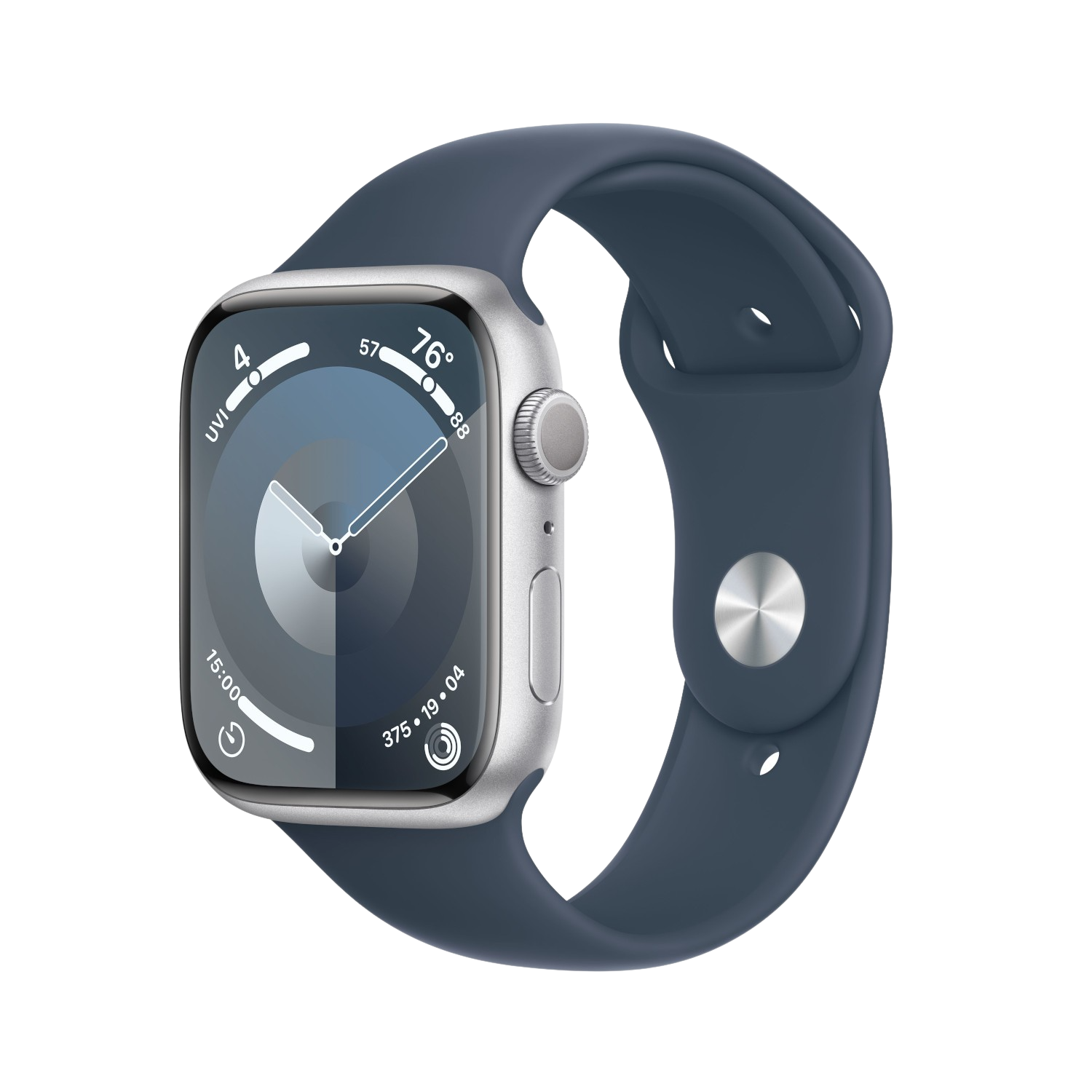Une Apple Watch, argentée avec un bracelet bleu. Le cadran affiche l'heure et d'autres mesures.