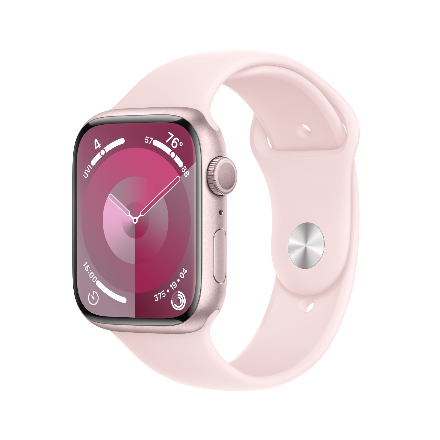Roze Apple Watch met roze band. Wijzerplaat toont tijd en gezondheidsgegevens.