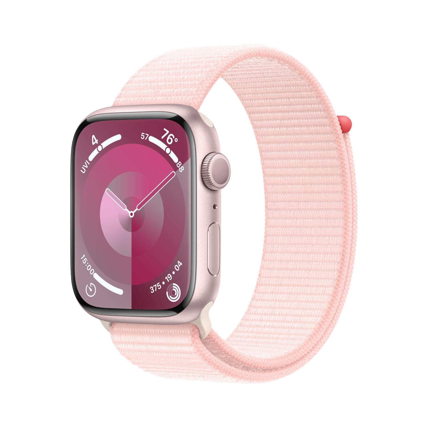 Apple Watch rose avec bracelet rose. Le cadran affiche l'heure et les données d'activité, sur fond noir.