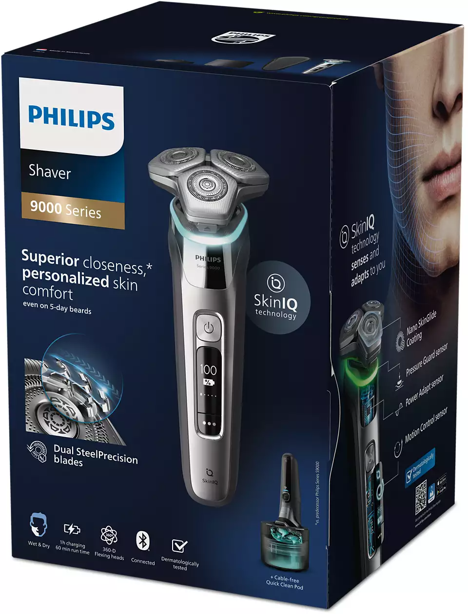 Philips borotvacsomag ezüst borotvával, a borotva és a funkciók részleteivel. A doboz kék és fekete.