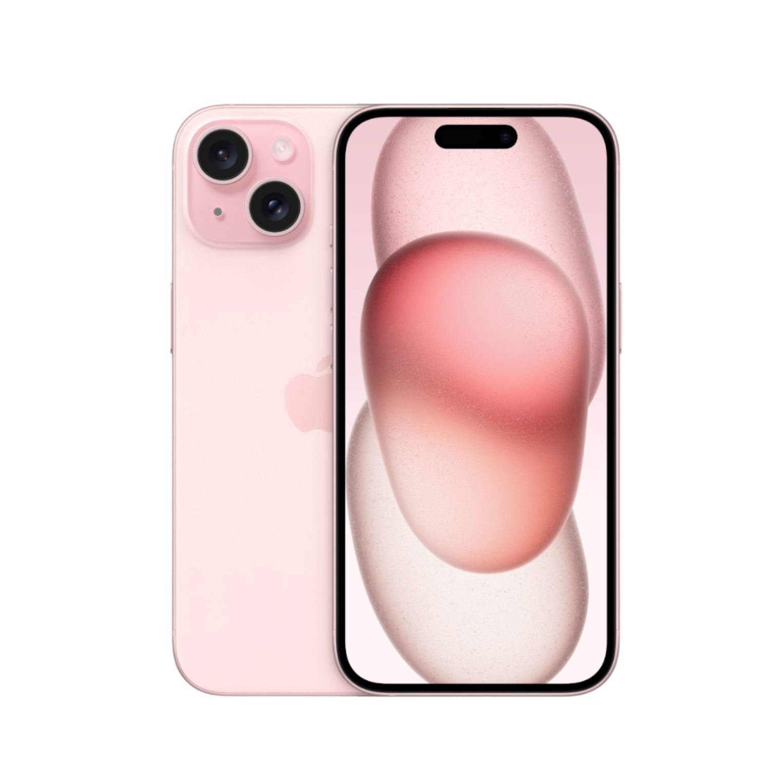 iPhone rose avec deux objectifs, logo Apple et écran affichant des formes abstraites.