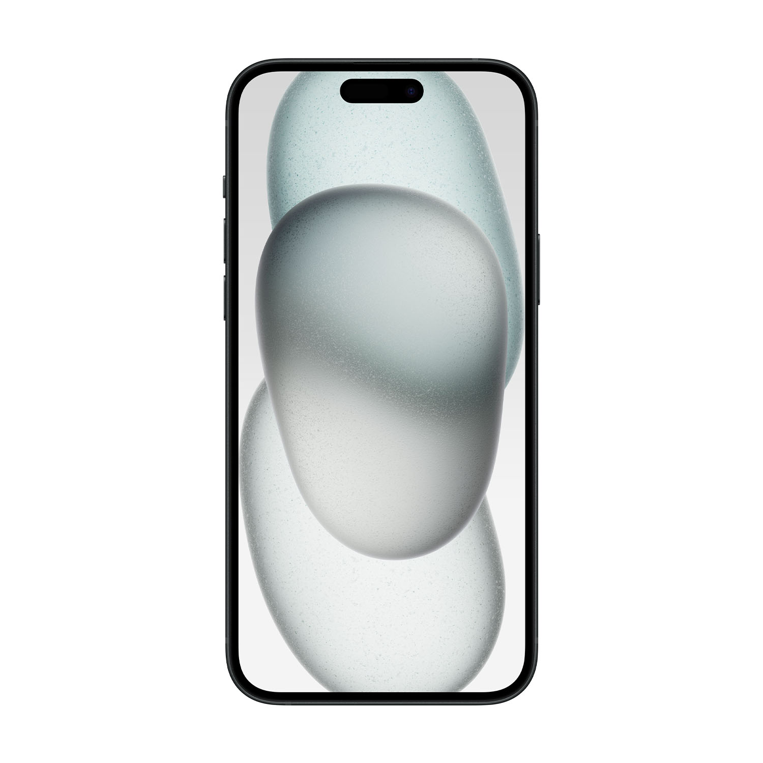 Uno smartphone nero con schermo che mostra forme astratte blu e grigie su sfondo bianco.