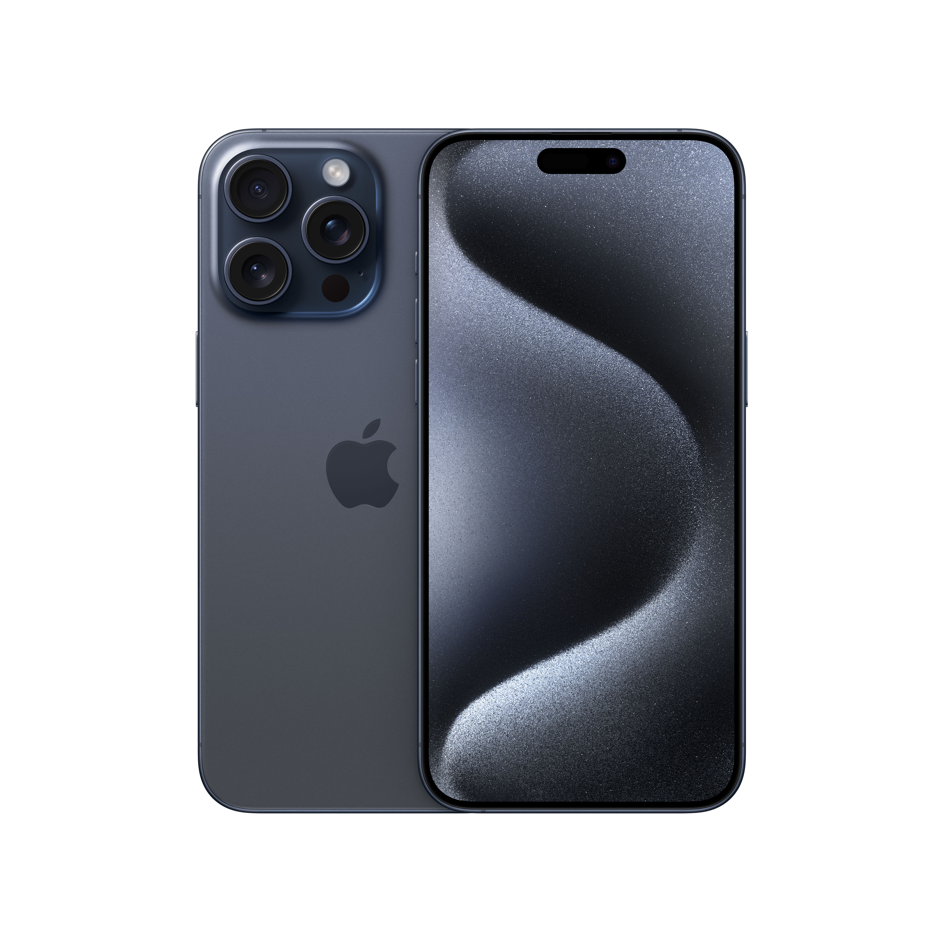 iPhone azul oscuro con tres lentes de cámara, logotipo de Apple y pantalla con formas abstractas.