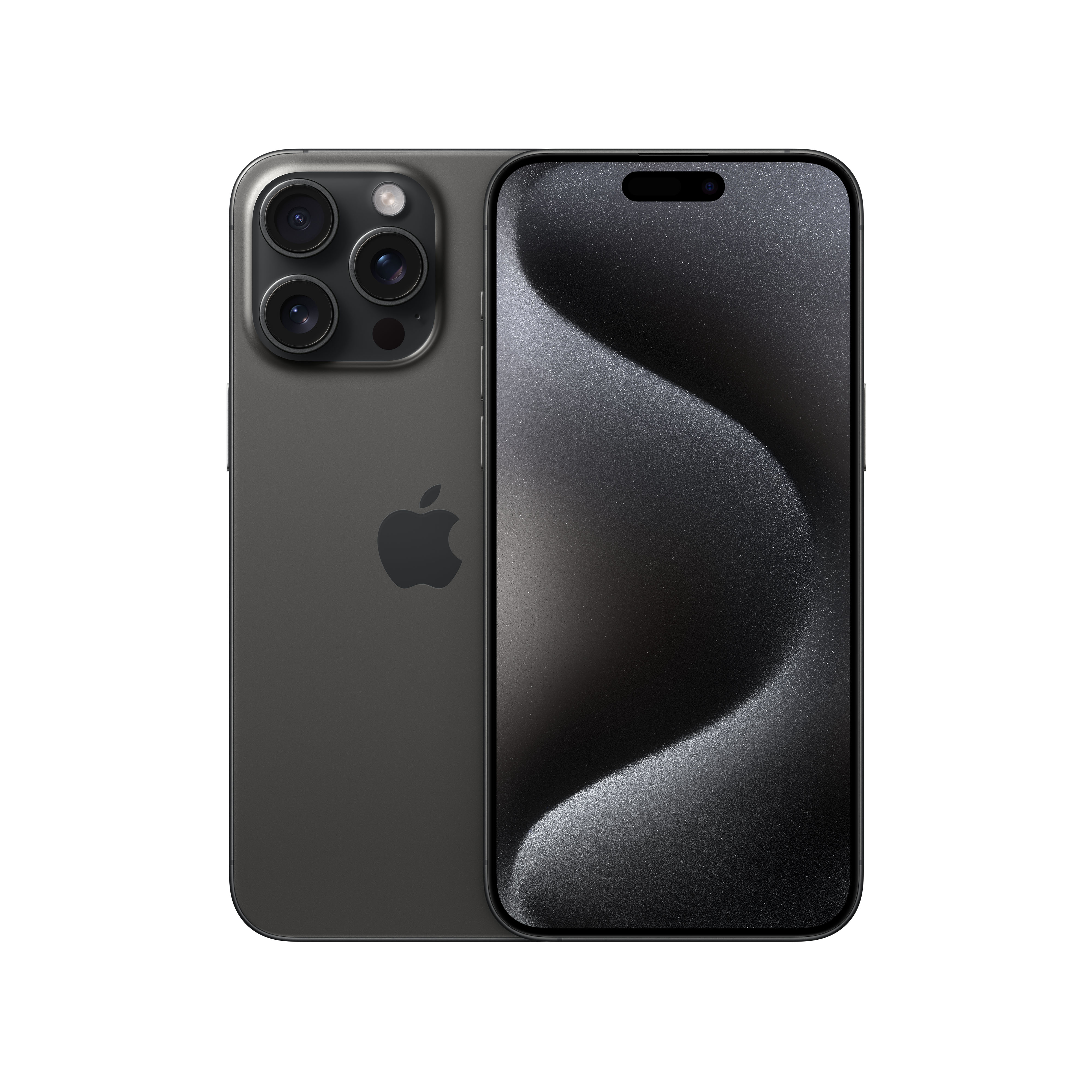 iPhone gris oscuro con cámara de triple lente y pantalla negra. Logotipo de Apple en la parte posterior.