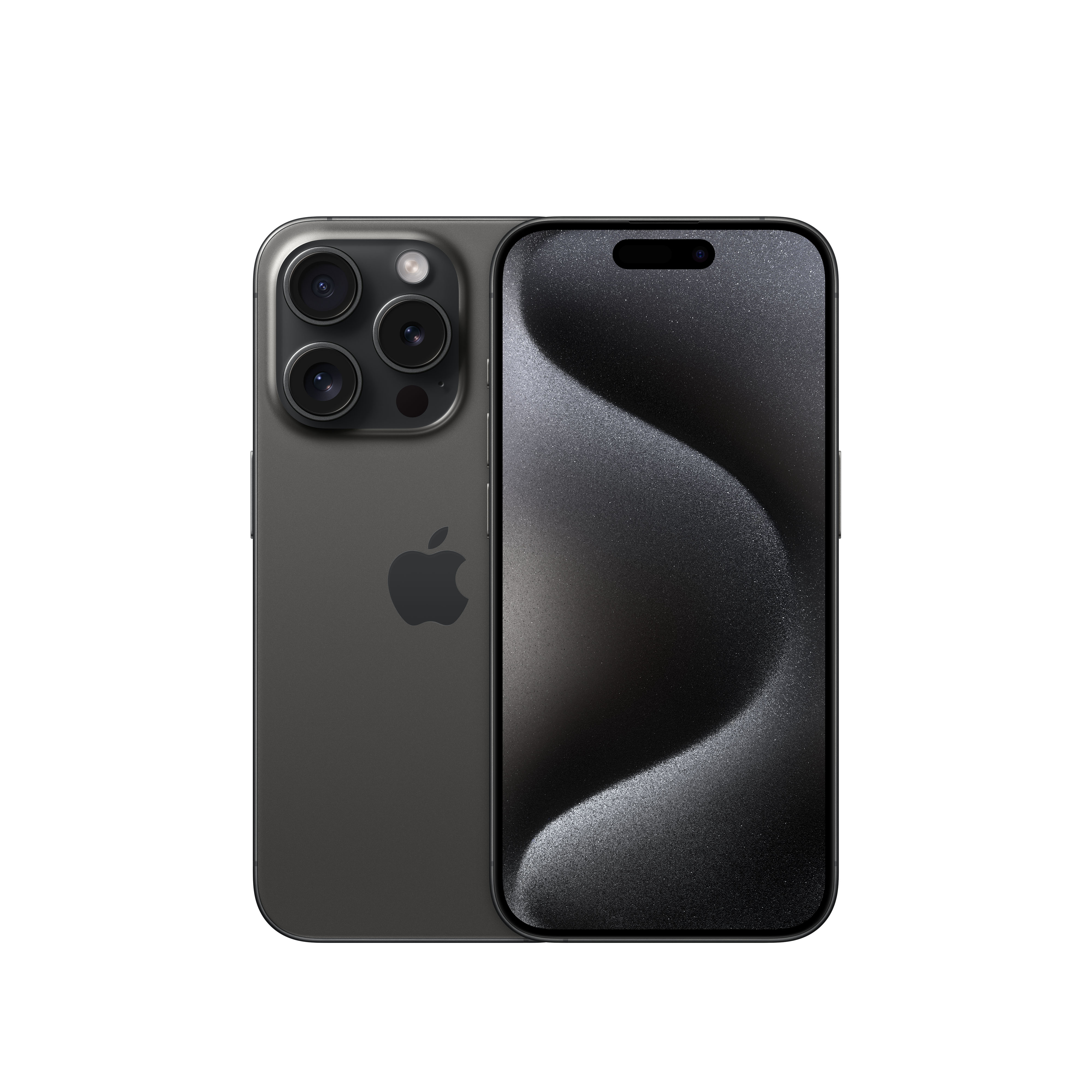 iPhone gris oscuro con cuatro cámaras traseras y pantalla frontal con imagen oscura y texturizada.