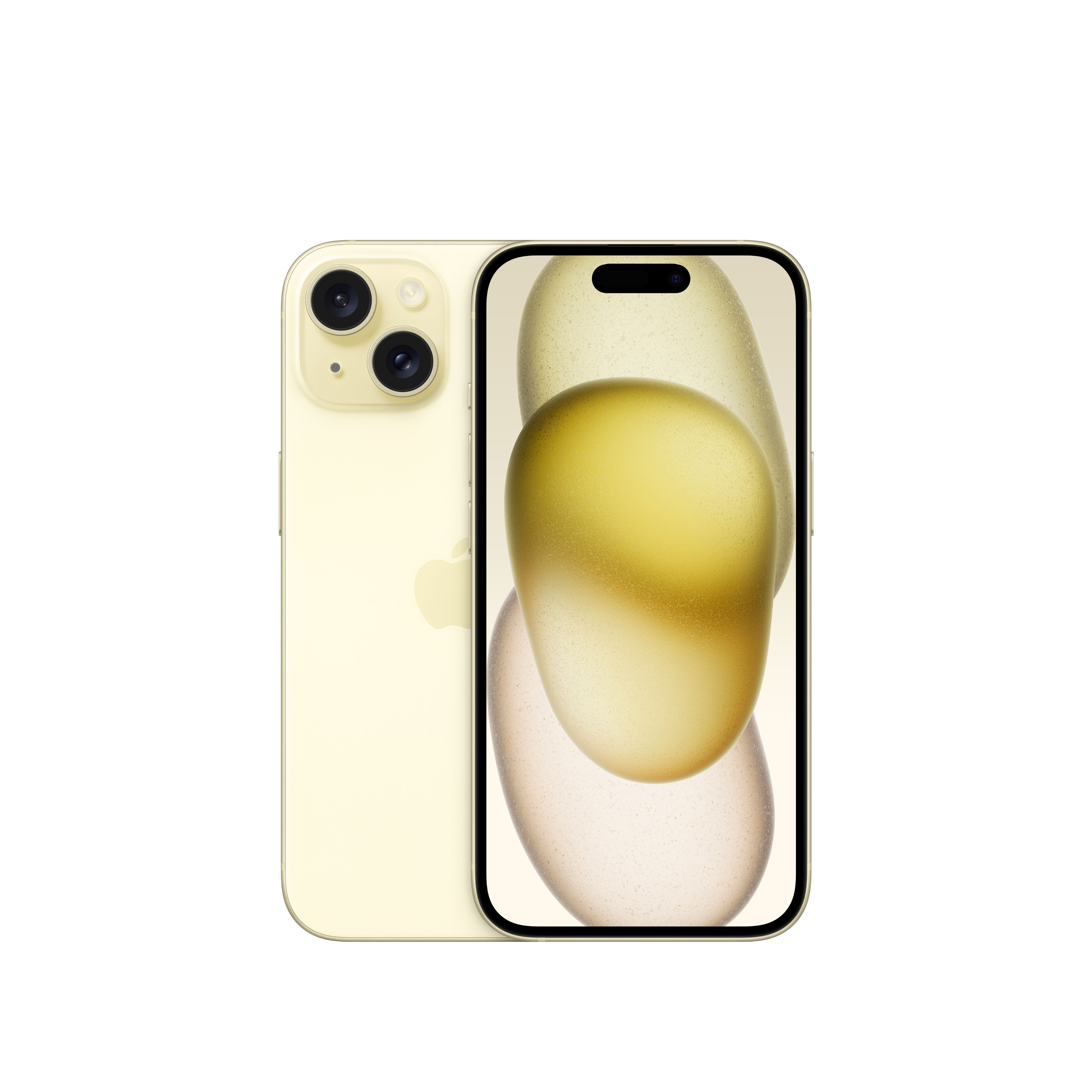 Un teléfono moderno con una parte trasera de color amarillo claro y una pantalla que muestra formas abstractas. La cámara está en la parte trasera.