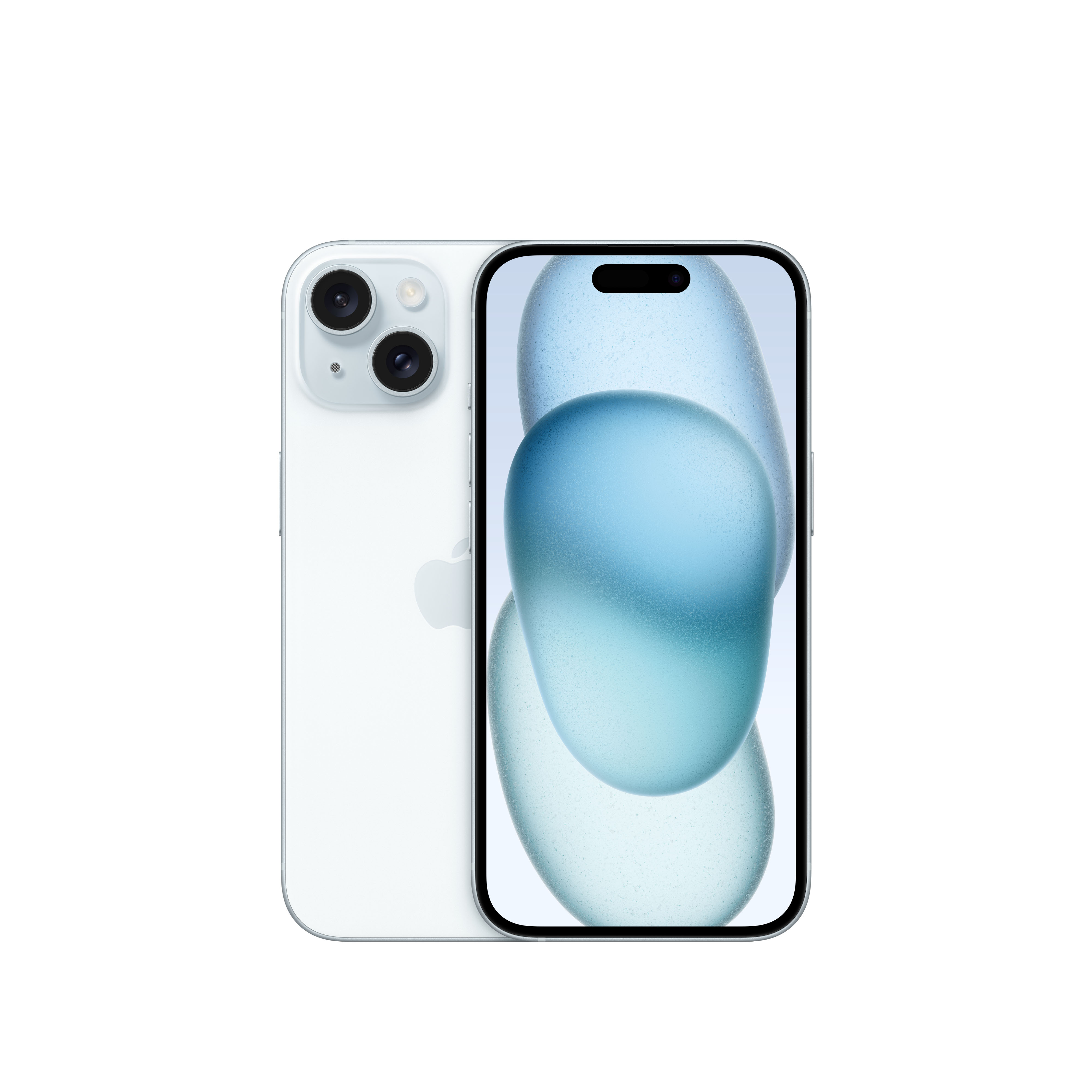 Teléfono blanco con pantalla negra. La parte trasera muestra cámaras duales. Fondo azul claro.