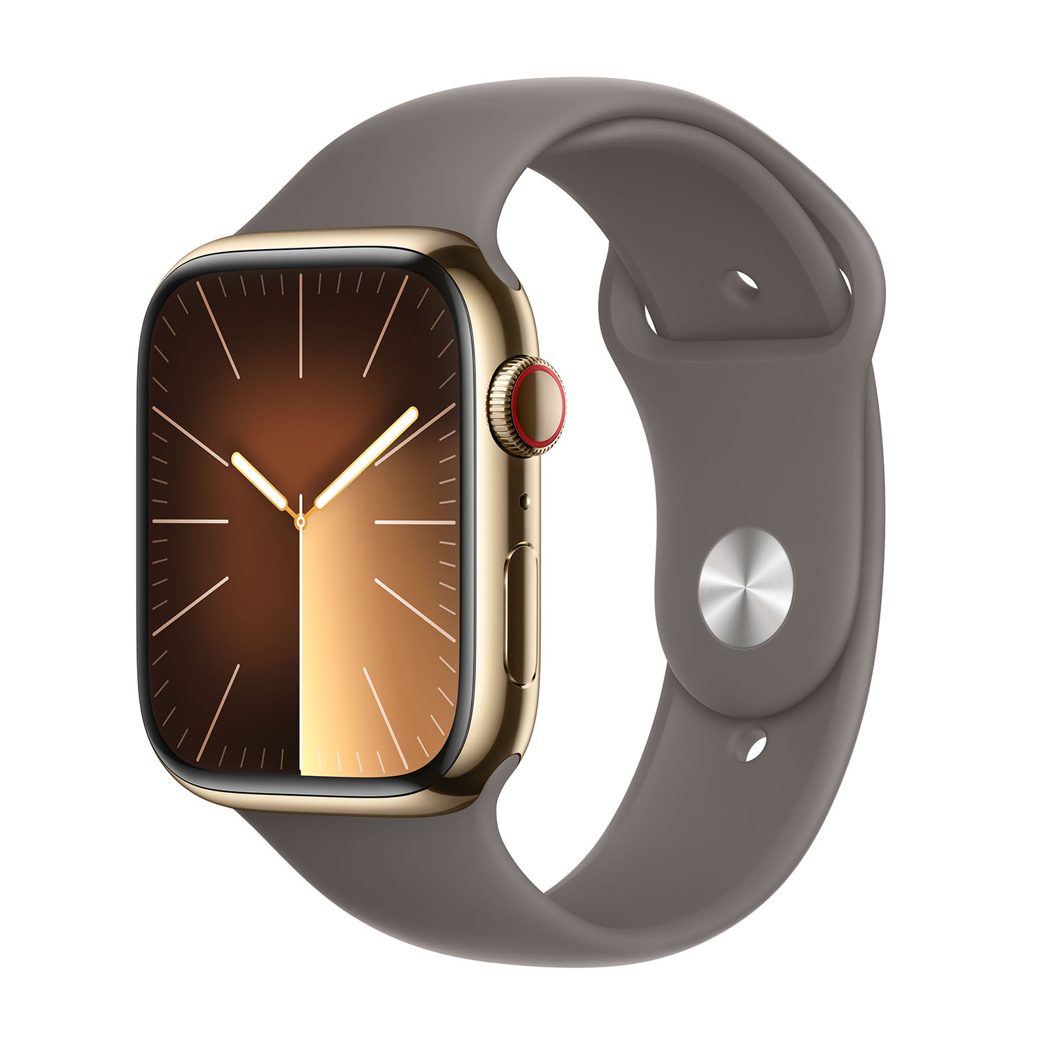 Apple Watch Series 9 GPS + Cellular, Cassa 45 mm in acciaio inossidabile color oro con Cinturino Sport grigio creta - M/L